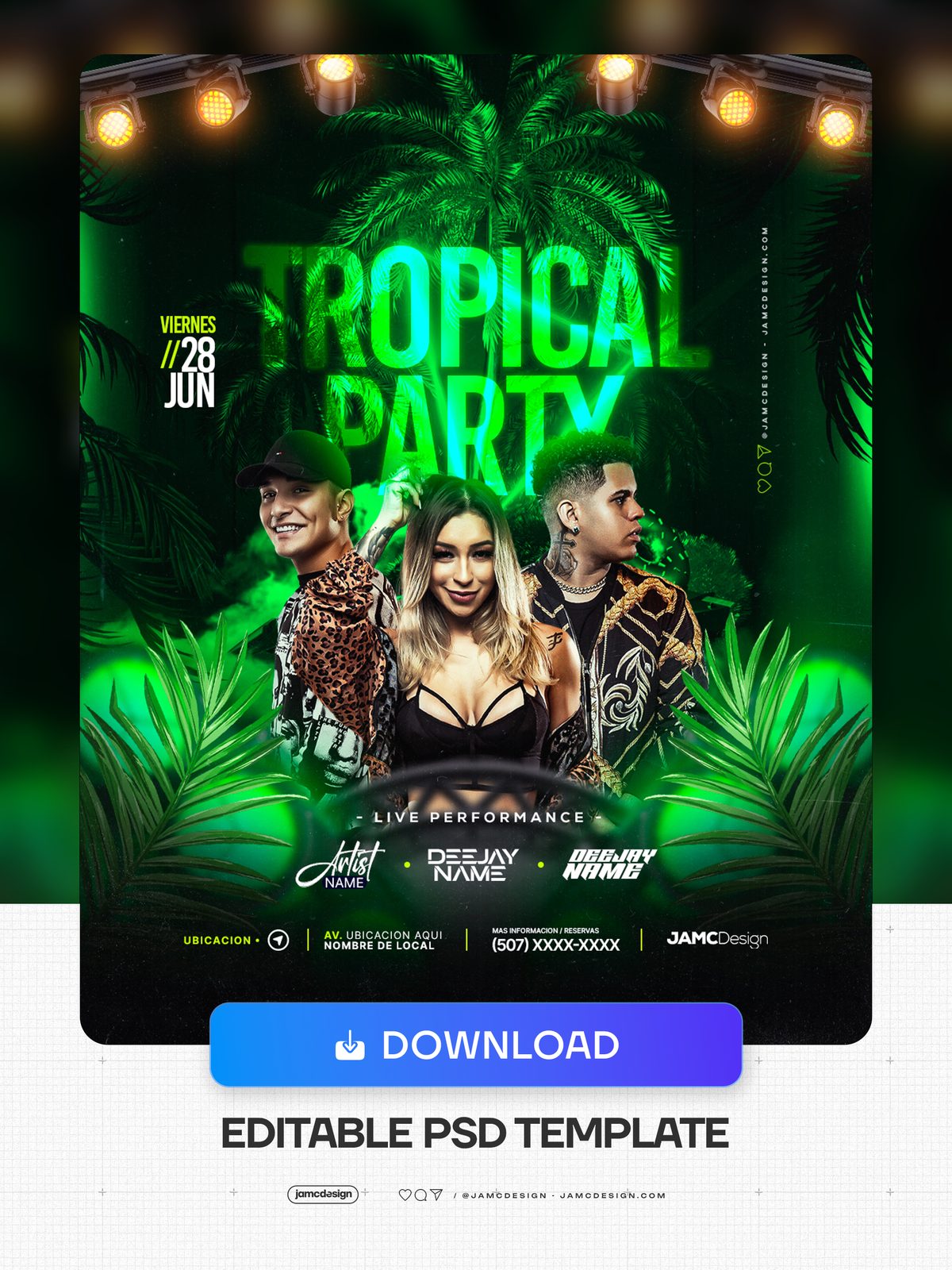 Tropical Party Flyer Template PSD. Editable PSD template showing a tropical event flyer with a dark green composition, neon-glowing lettering — Additional preview