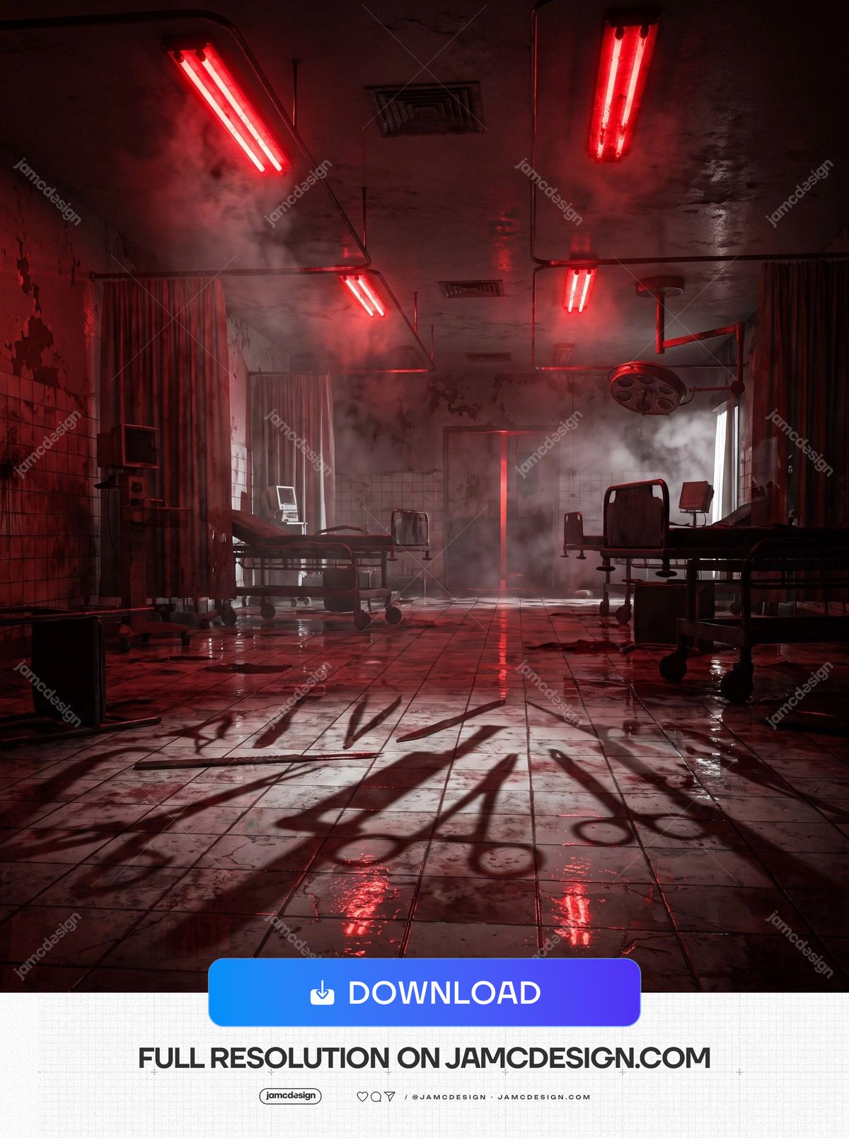 Abandoned Dark Horror Corridor Red Lit Treatment Room Background. This JPG background depicts an abandoned horror corridor or clinical room with peeling — Additional preview