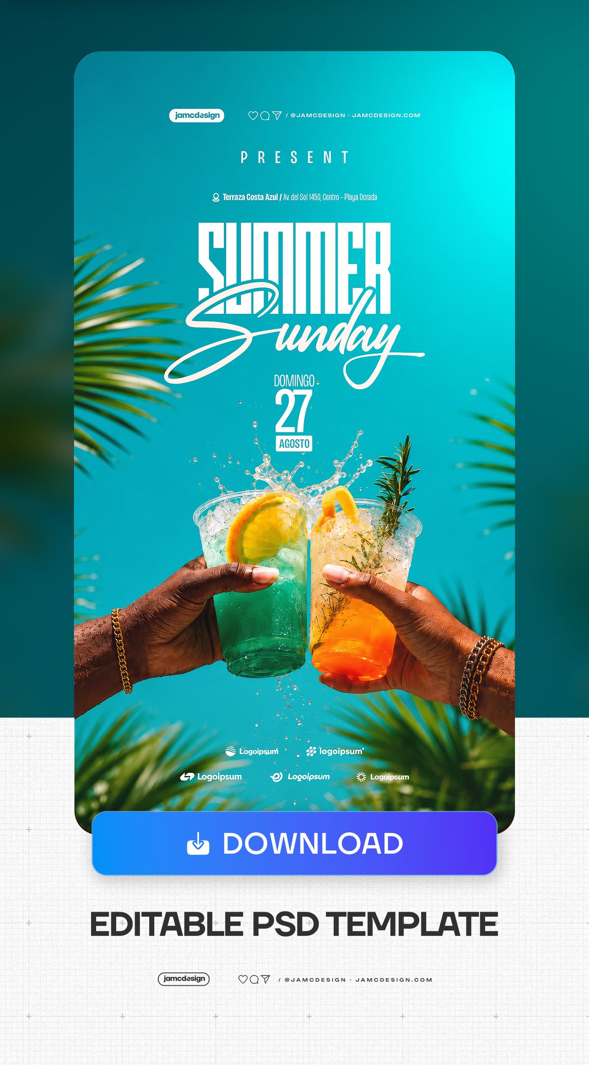 Summer Sunday Social Media Flyer Template PSD Editable. Editable PSD template for a Summer Sunday social media flyer, with a bright turquoise background — Additional preview