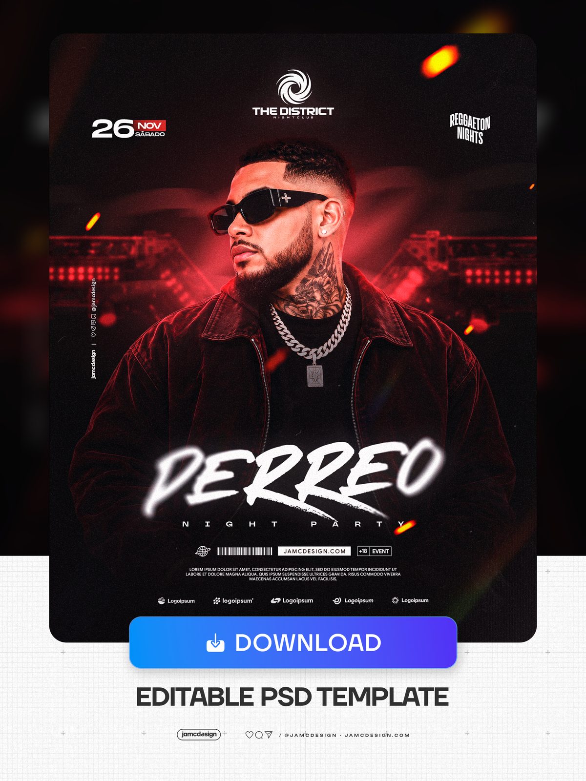 Perreo Night Party Flyer Template PSD. Download this editable PSD event flyer template featuring a man in sunglasses and layered jewelry against dark red — Additional preview