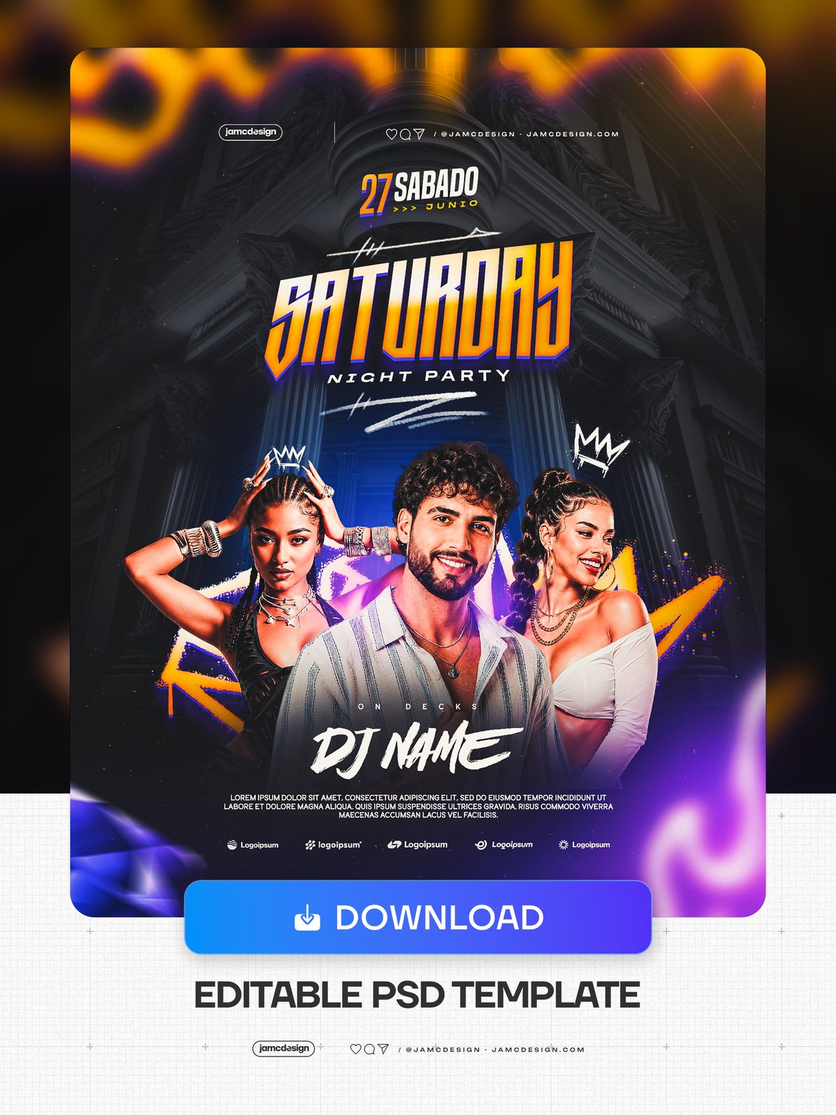 Saturday Night Party Flyer PSD With Orange Details. Editable PSD template for a Saturday night party flyer with a dark composition, three figures — Additional preview