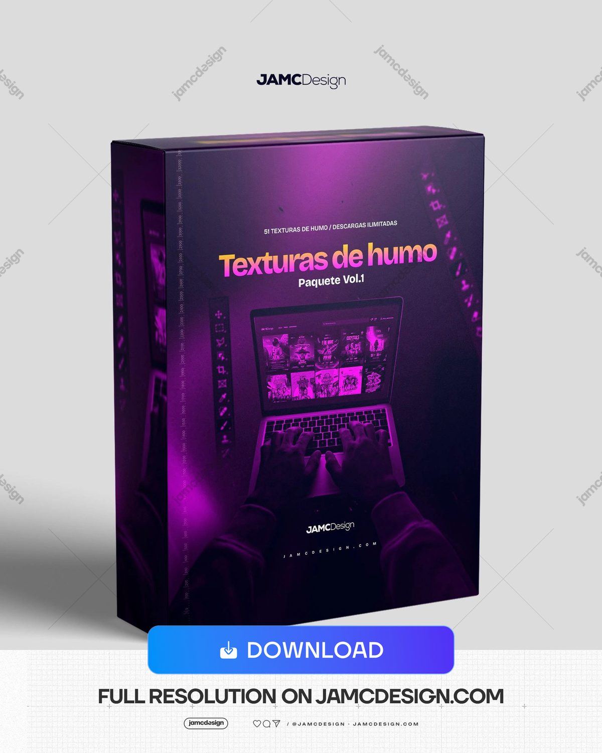 Texturas De Humo - Pack Vol.1. JPG overlay texture showing a dark purple and magenta product box mockup for a smoke texture pack — Additional preview