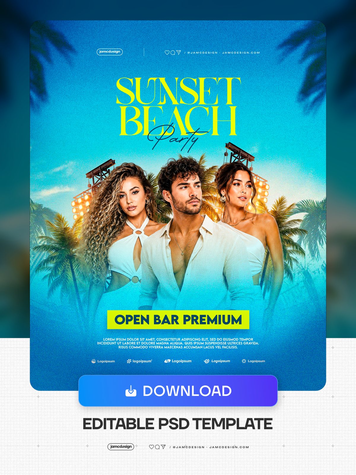 Sunset Beach Party Design Flyer Template PSD Editable. Editable PSD template for a beach party flyer, featuring a blue sky gradient background — Additional preview