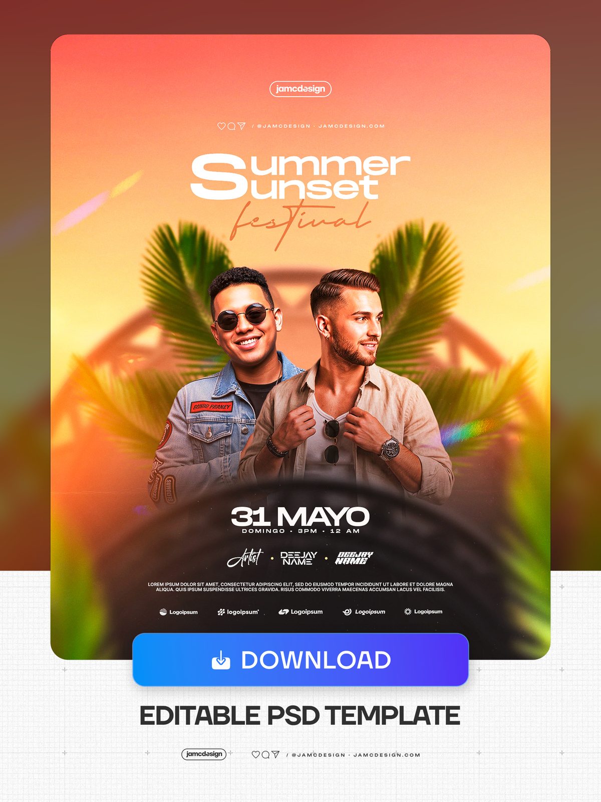 Flyer PSD Para Festival De Verano Al Atardecer. Plantilla de PSD editable para un flyer de Festival de Atardecer de Verano con dos retratos masculinos — Vista previa adicional