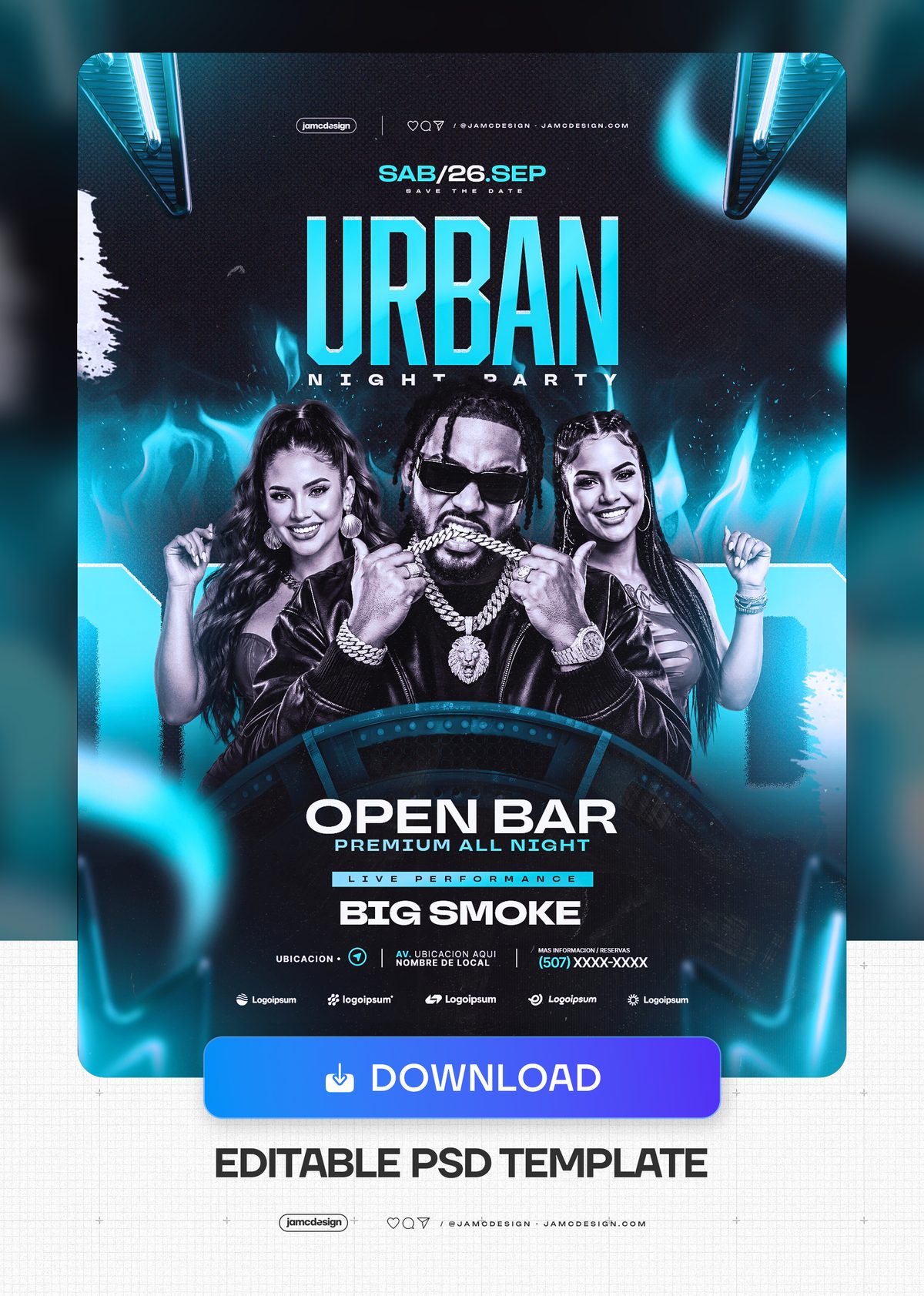 Urban Night Party Flyer Template PSD. Editable PSD event flyer for an urban night party, featuring a central man and two women in a dark geometric setting — Additional preview