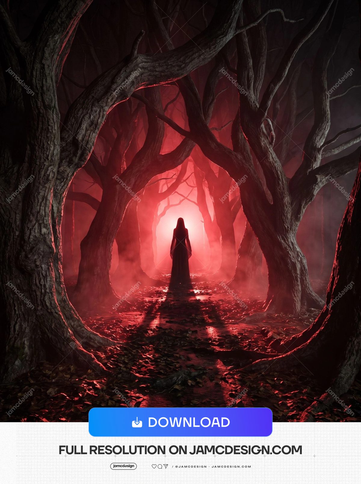 Silhouette Figure In Red Forest Tunnel Halloween Background. This JPG background depicts a shadowy figure standing in a red lit forest tunnel — Additional preview