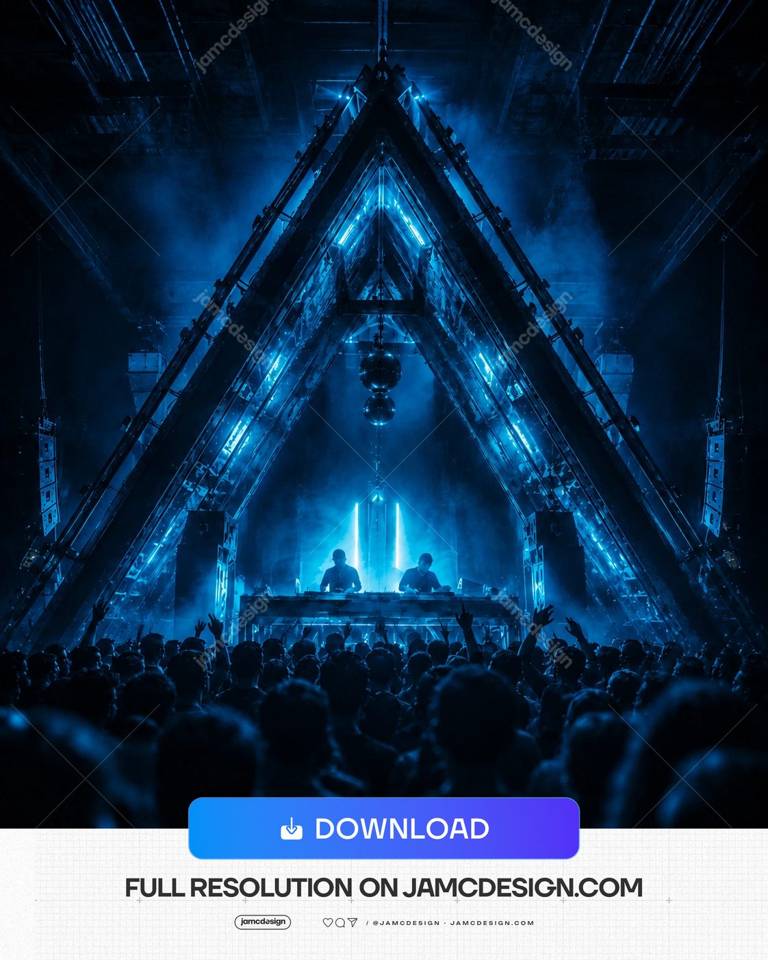 Fond De Concert DJ Néon Bleu Souterrain Avec Foule. Fond de scène de concert néon bleu fourni en PNG, avec une structure triangulaire imposante — Aperçu supplémentaire