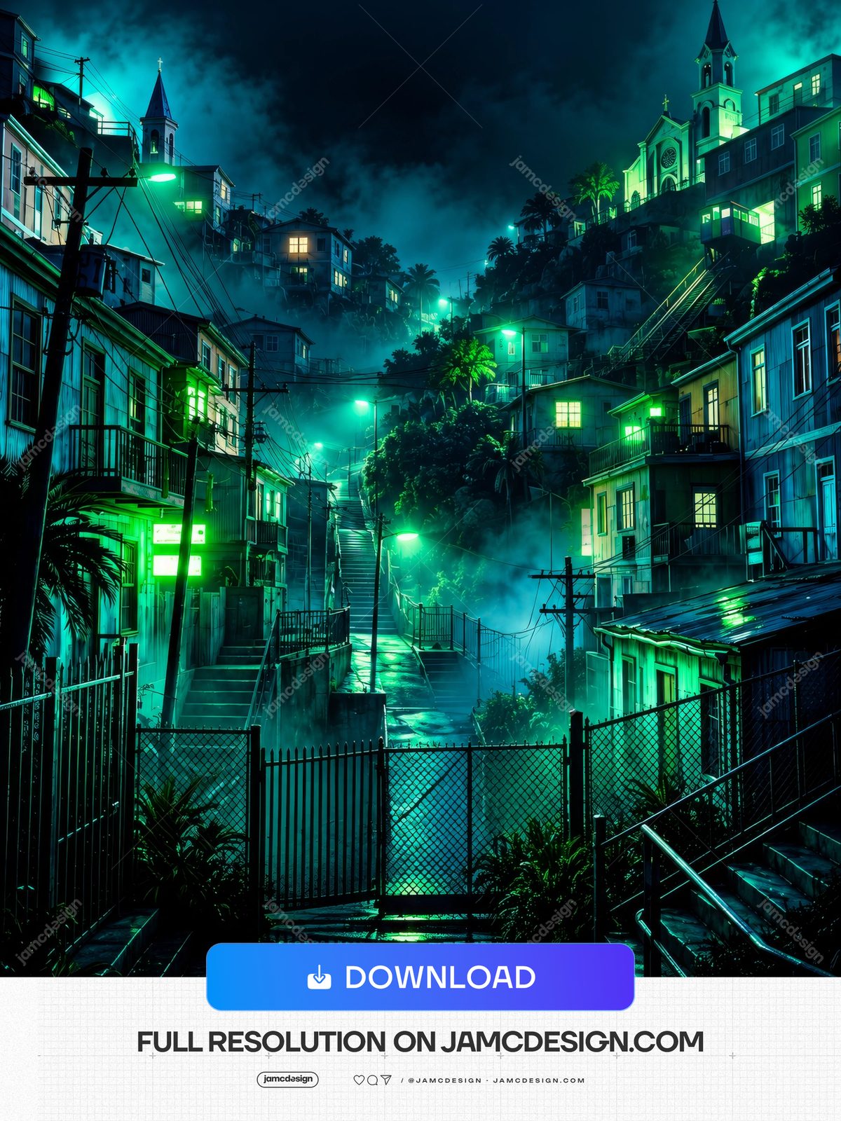Neon Green And Teal City Street With Church Steeples Background PNG. Download this PNG background showing a misty urban street lined with buildings and church — Additional preview