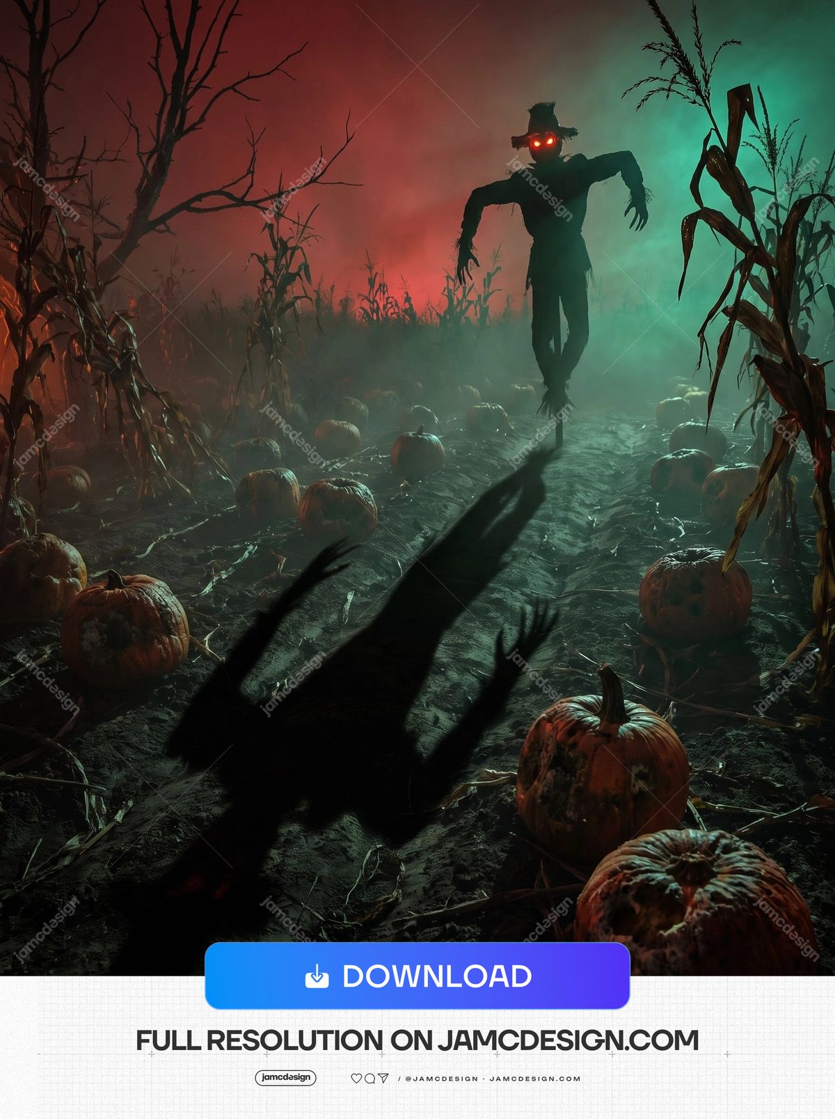 Glowing Eyed Scarecrow In Pumpkin Field Teal Fog Silhouette Background. JPG background showing a glowing eyed scarecrow silhouette among pumpkins and bare — Additional preview