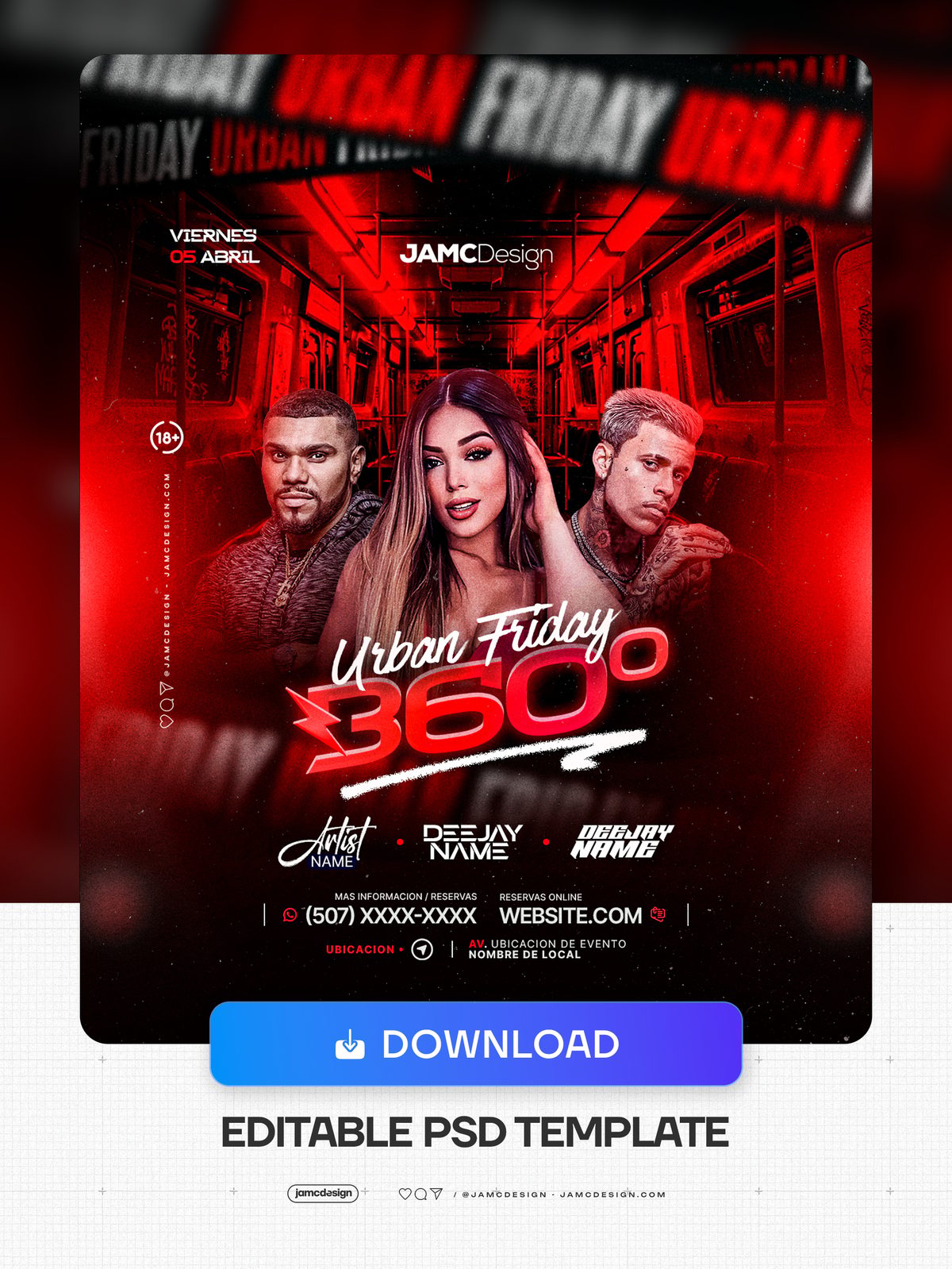 Urban Friday 360 Flyer Template PSD. Editable PSD flyer template for an urban Friday nightlife event with a dark red and black composition — Additional preview