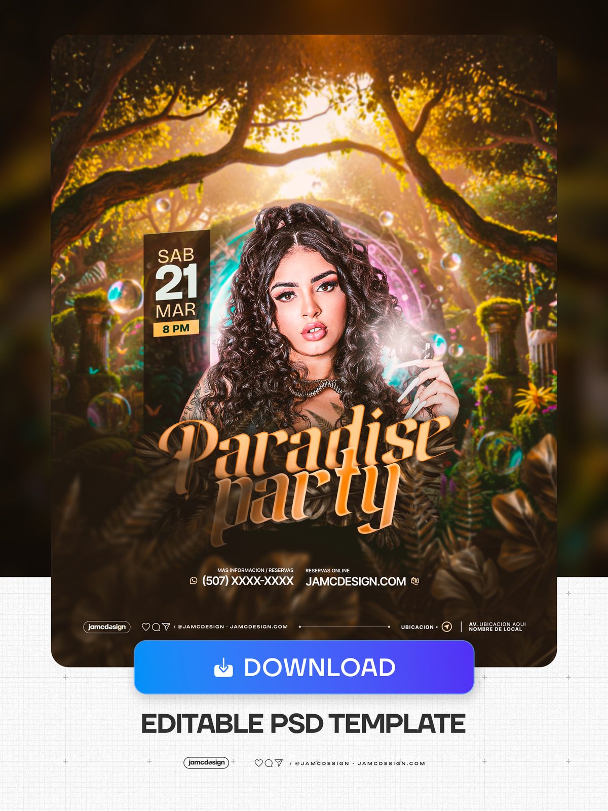 Paradise Party Flyer Template PSD. Editable PSD template for a tropical party flyer featuring a curly-haired woman smoking beside mossy ruins under arched — Additional preview