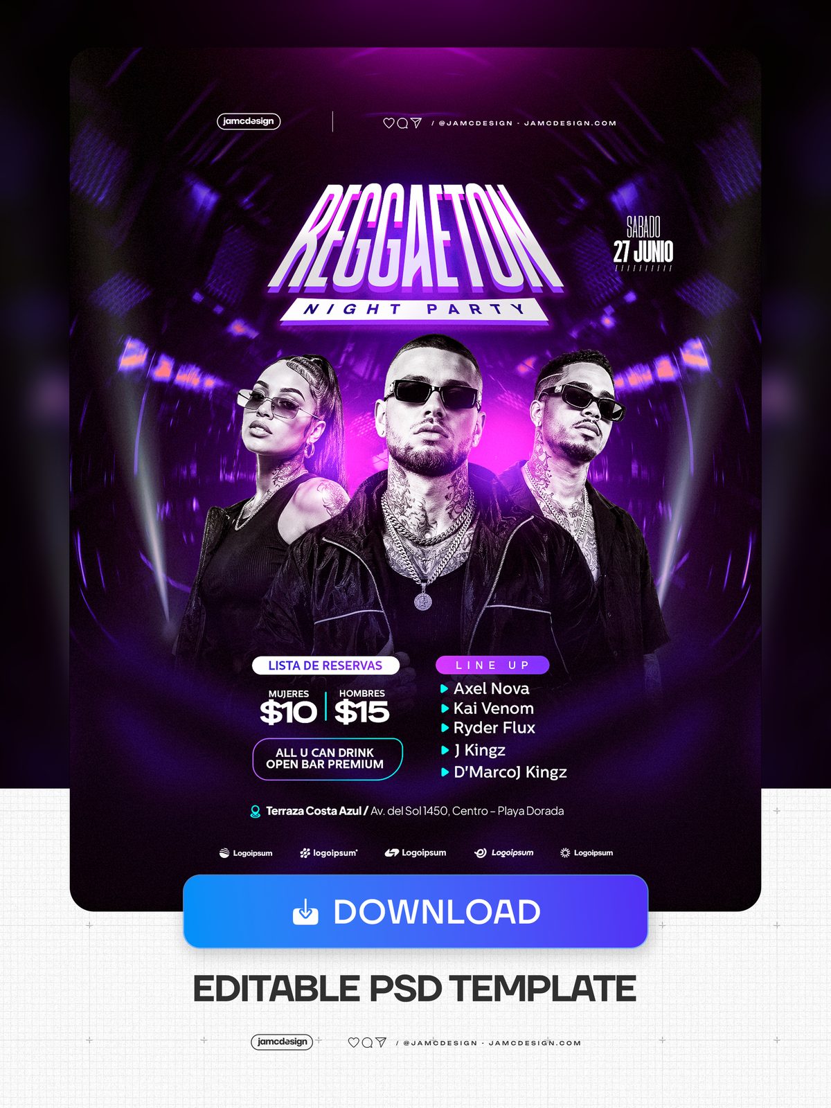 Plantilla PSD De Flyer Para Fiesta De Reggaeton. Plantilla de flyer PSD editable para una fiesta nocturna de reggaeton, con un fondo de túnel de neón morado — Vista previa adicional