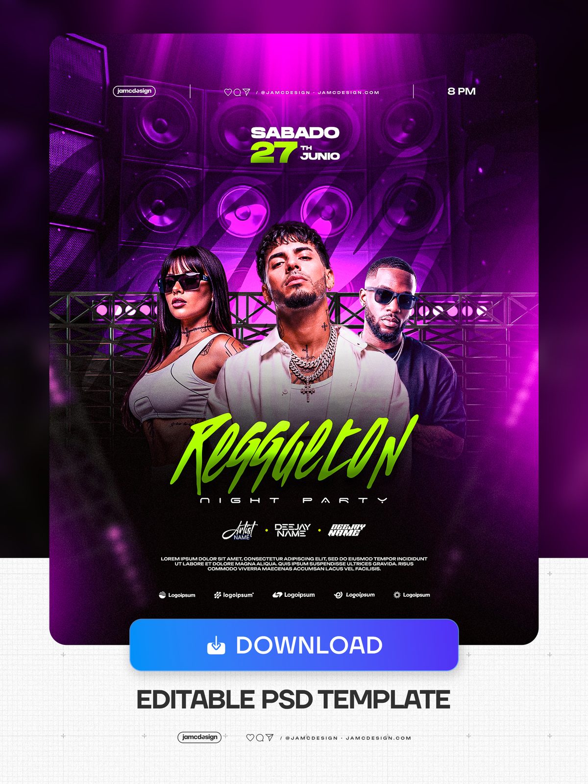 Reggaeton Night Party Flyer PSD Template. Editable PSD template for a Reggaeton night party flyer featuring a magenta neon glow — Additional preview