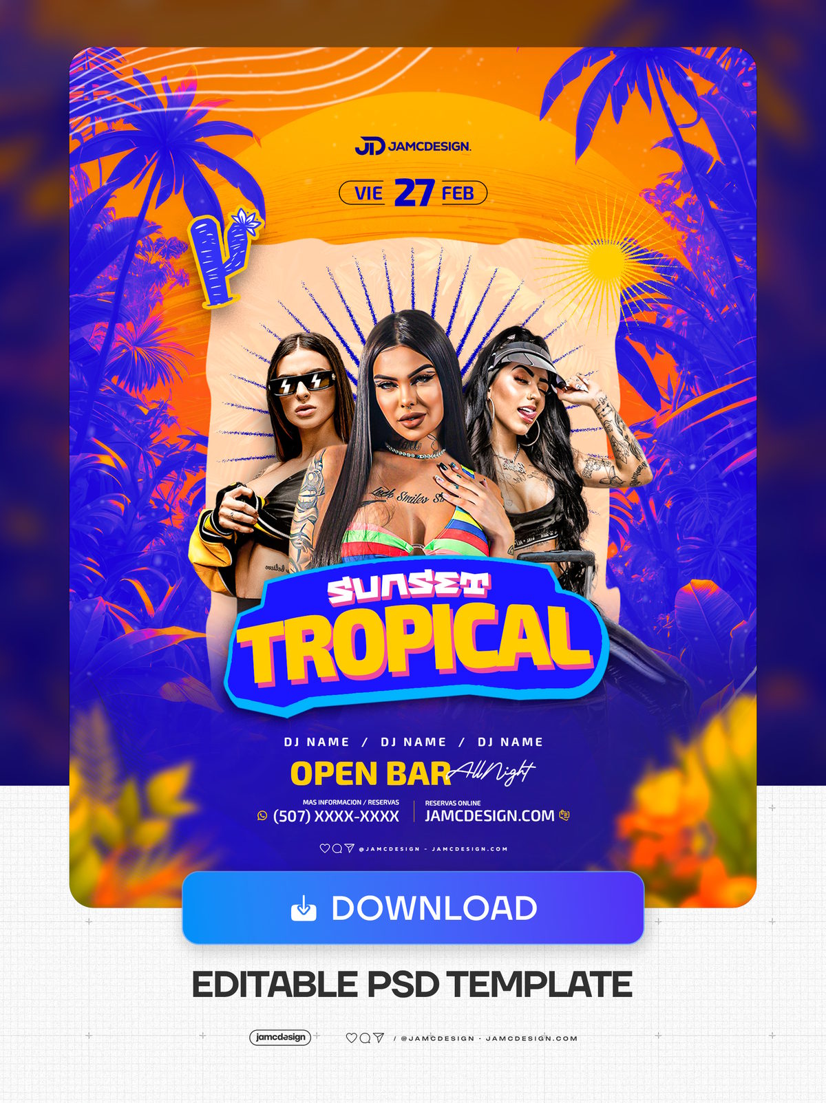 Sunset Tropical Flyer Template PSD. Editable PSD template for a tropical sunset event flyer, featuring three women posing in front of an orange sunburst — Additional preview