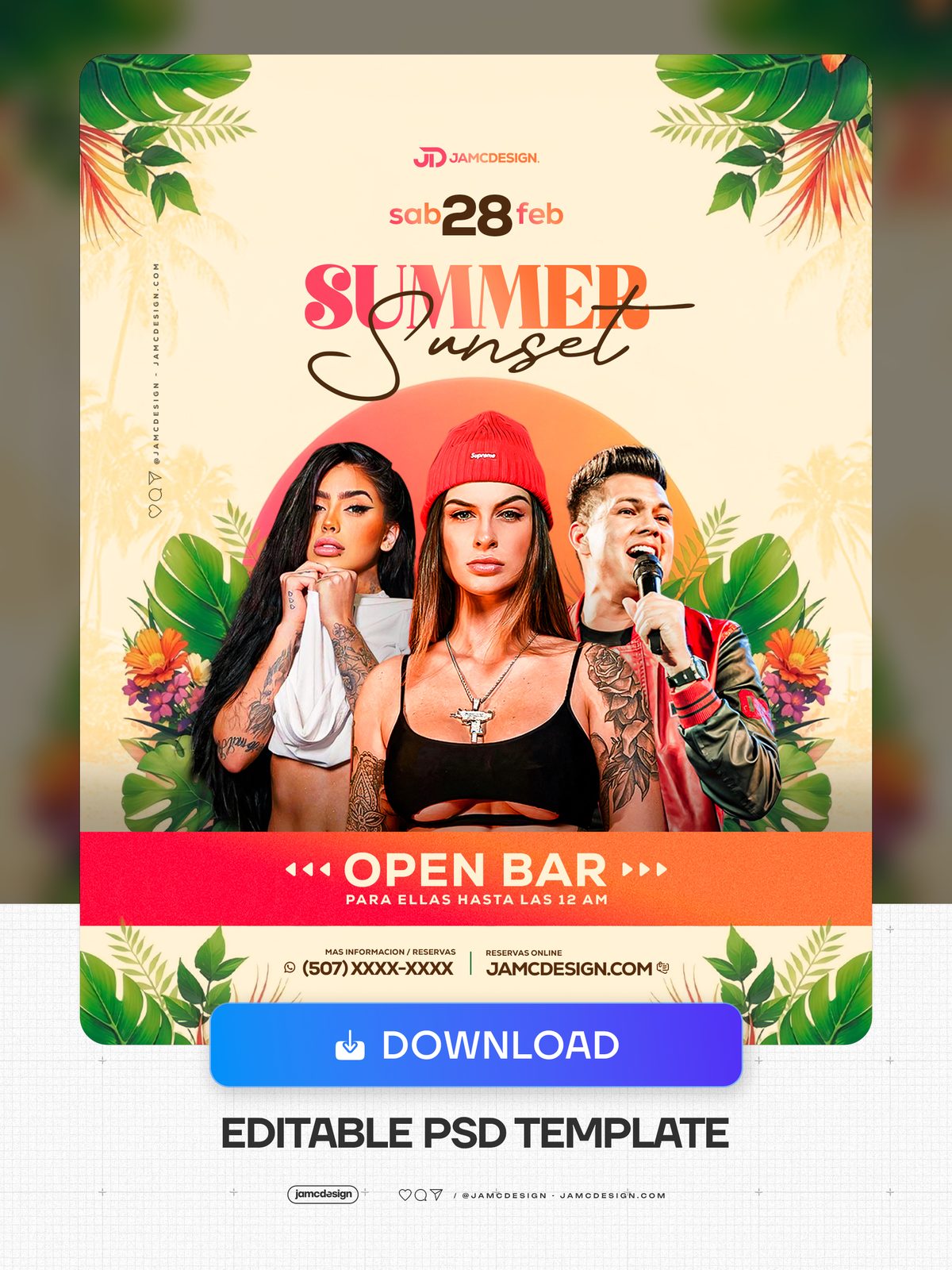 Summer Sunset Flyer Template PSD. Editable PSD template for an event flyer with a warm cream background framed by tropical foliage, a large orange sun circle — Additional preview
