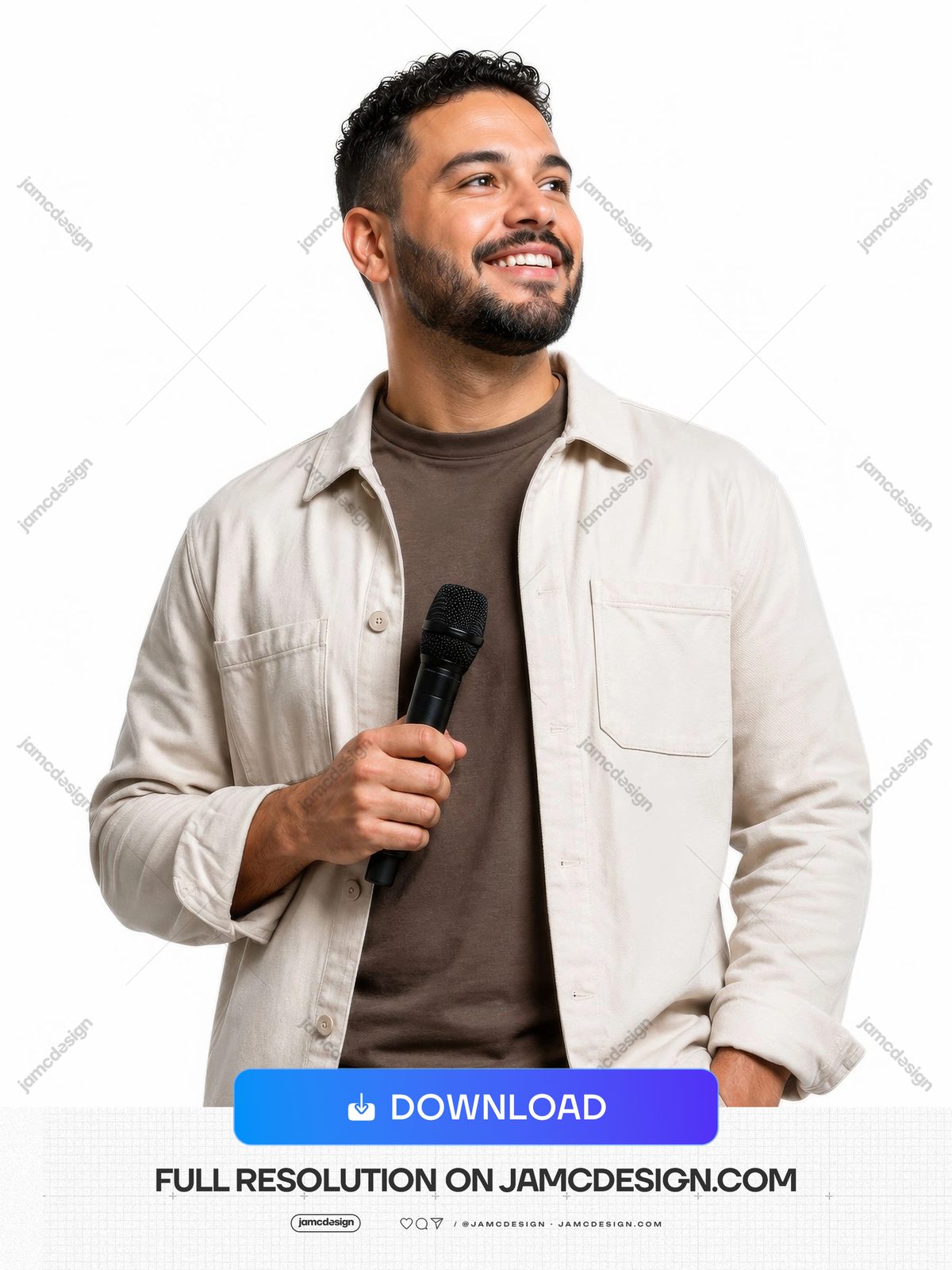 Foto De Retrato De Estudio De Joven Orador De Iglesia Con Micrófono Y Sonrisa JPG. Foto JPG de un joven orador cristiano de iglesia — Vista previa adicional