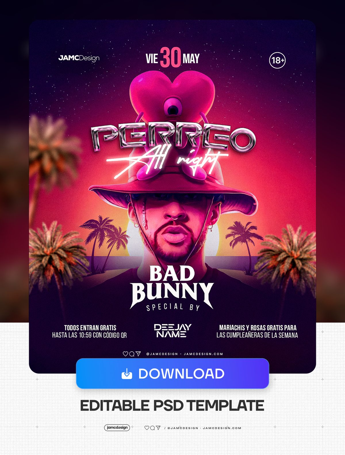 Perreo Party Flyer Template With Pink Hat PSD. Editable PSD template for a perreo party flyer, with a dark purple and magenta palette — Additional preview