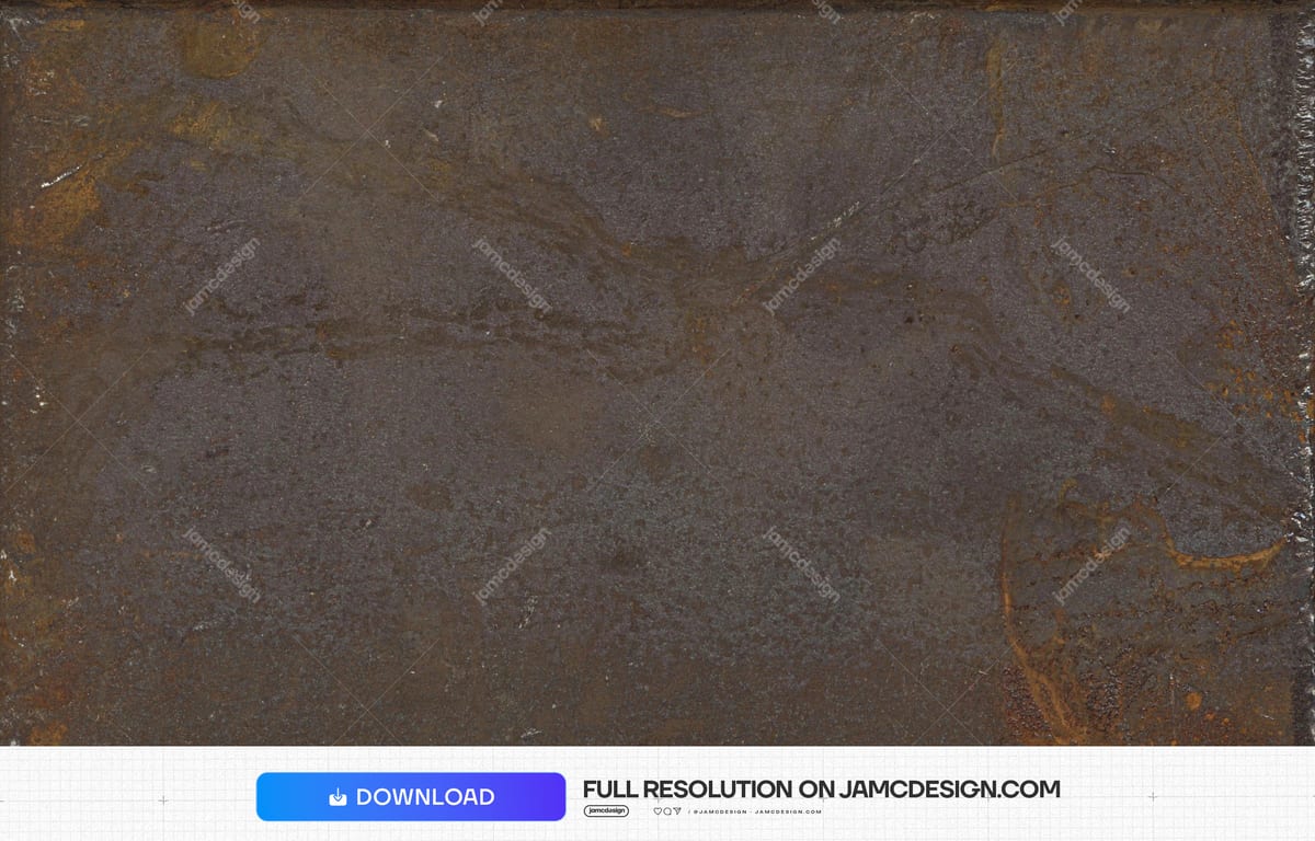 Dark Weathered Metal Texture. This JPG texture shows a dark, weathered metal surface with rusty brown mottling and thin golden vein like marks across a rough — Additional preview