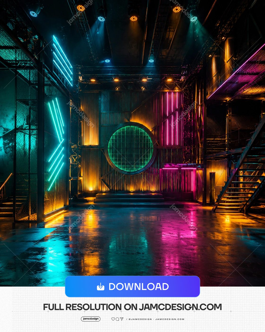 Fond De Scène Entrepôt Néon Cyberpunk. Scène d'entrepôt industriel fournie sous forme de fond PNG, avec une structure d'échafaudage en métal — Aperçu supplémentaire