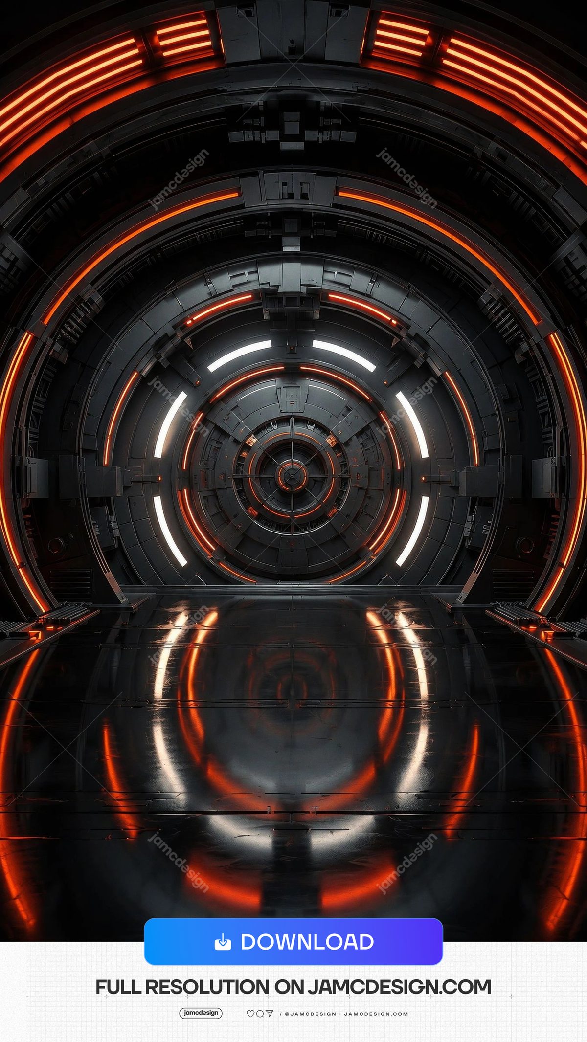 Orange Neon Futuristic Vault Corridor Background. JPG background of a sci-fi corridor with concentric dark metallic rings — Additional preview