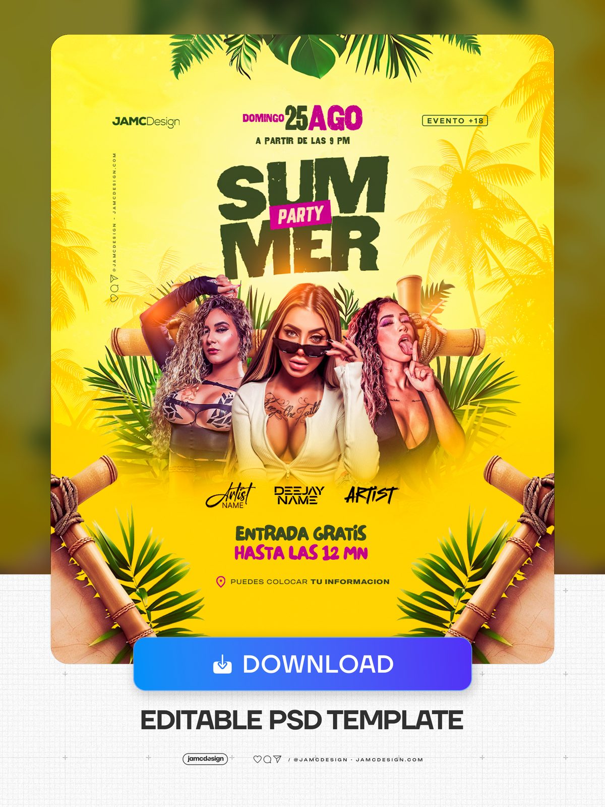 Tropical Summer Party Flyer PSD Template. Editable PSD template for a summer party flyer with a bright yellow background, tropical palm leaves, bamboo framing — Additional preview