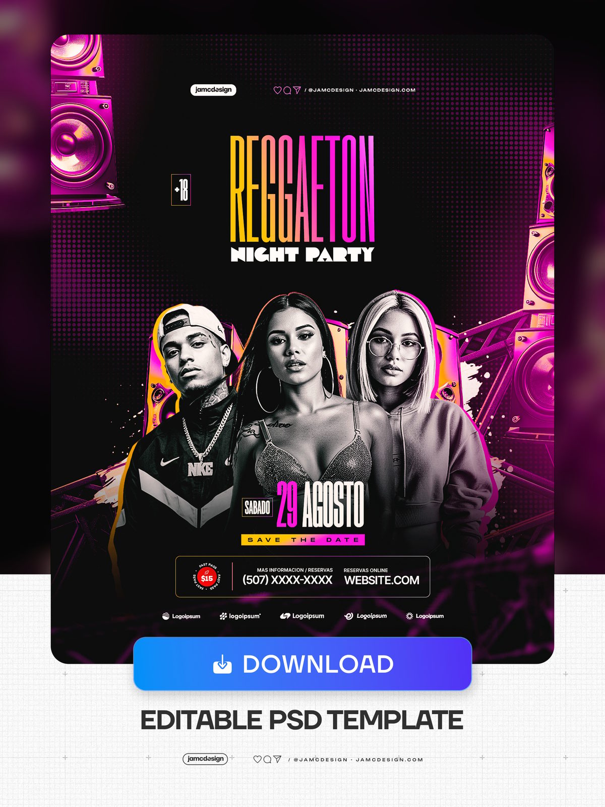 Modelo De Flyer De Evento De Reggaeton À Noite PSD Editável. Modelo PSD editável para um flyer de evento de festa de reggaeton à noite — Prévia adicional