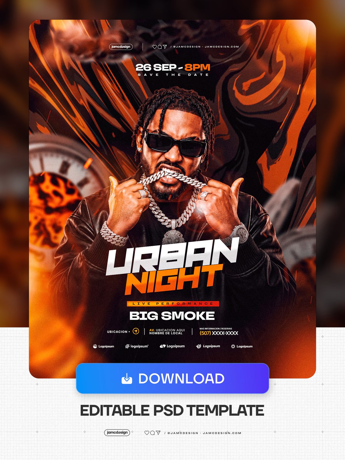 Urban Night Flyer With Orange Flame Graphics PSD. Download this editable PSD event flyer featuring a male performer in sunglasses and jewelry — Additional preview