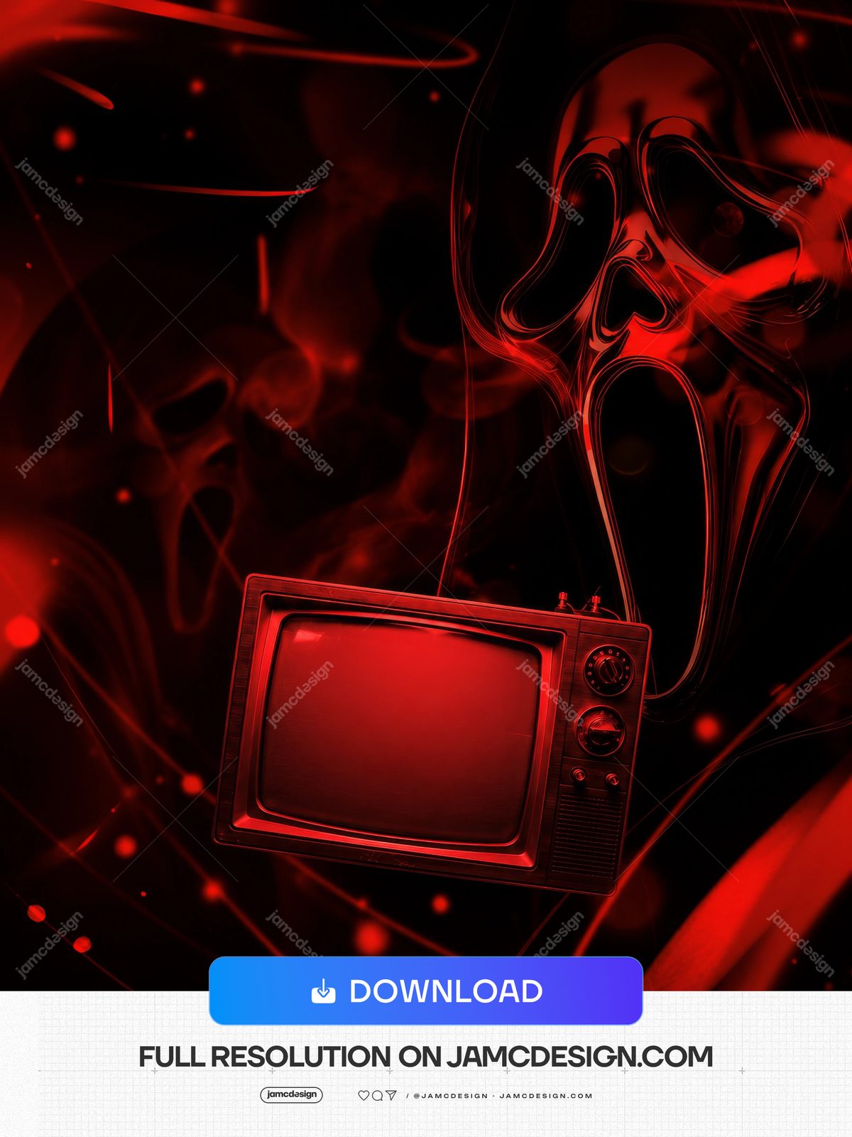 Ghost Mask And Vintage TV Horror Background PNG. This PNG horror background pairs a large ghost mask and vintage television with glowing red streaks — Additional preview