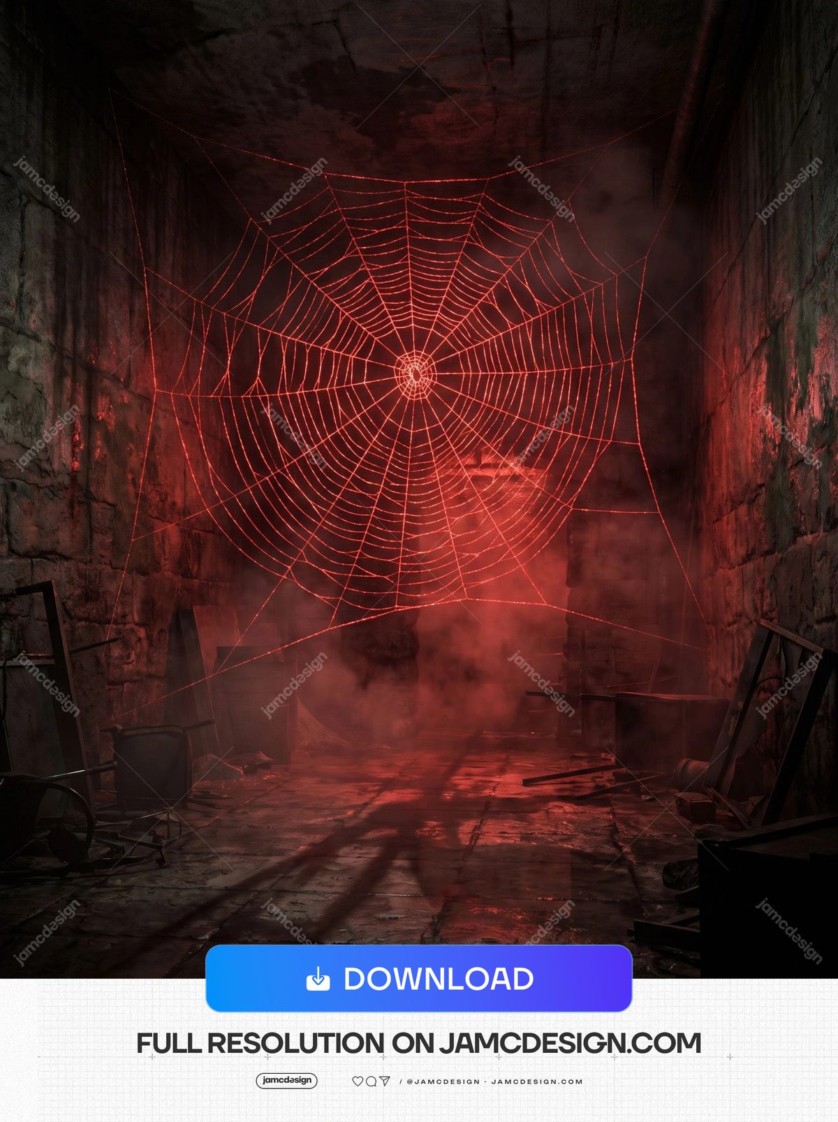 Glowing Spider Web Horror Basement Crimson Cobweb Passage. JPG background showing a ruined basement passage with a large red illuminated spider web — Additional preview