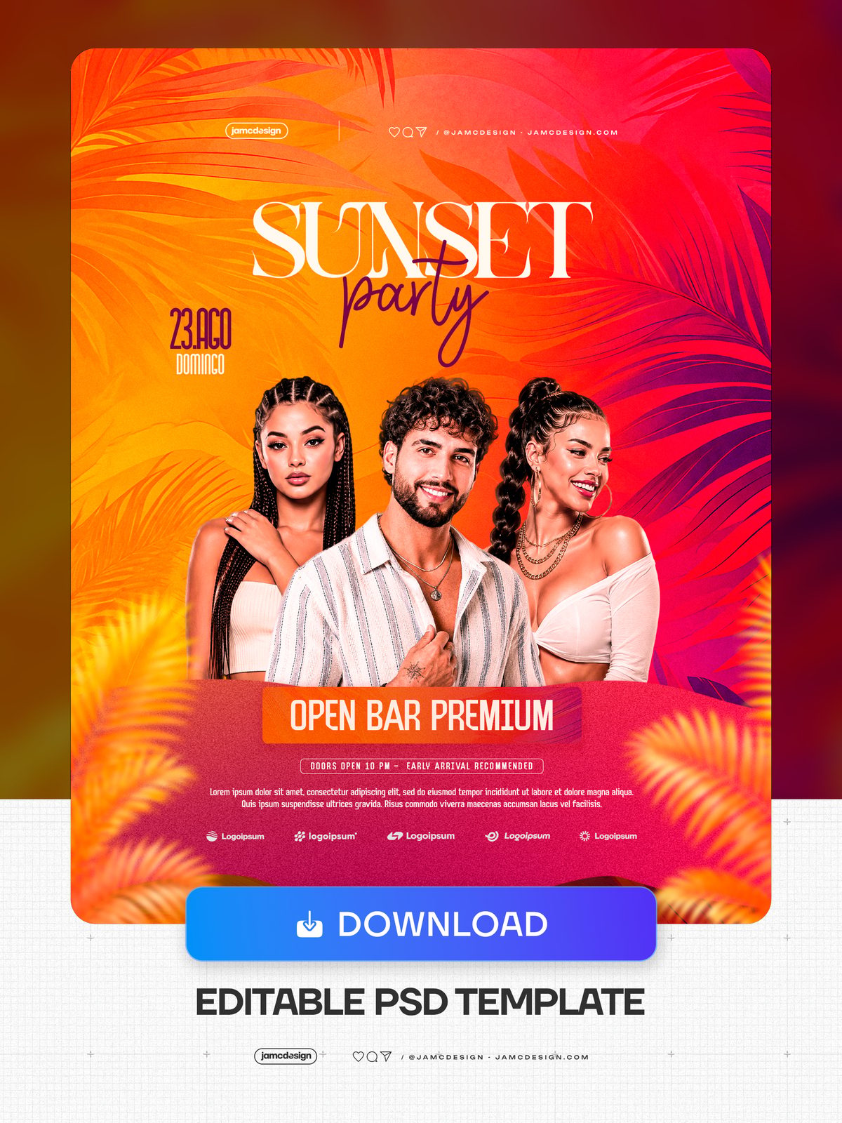 Sunset Party Design Flyer Template PSD Editable. Editable PSD template for a sunset party event flyer with a vibrant orange and pink gradient background — Additional preview