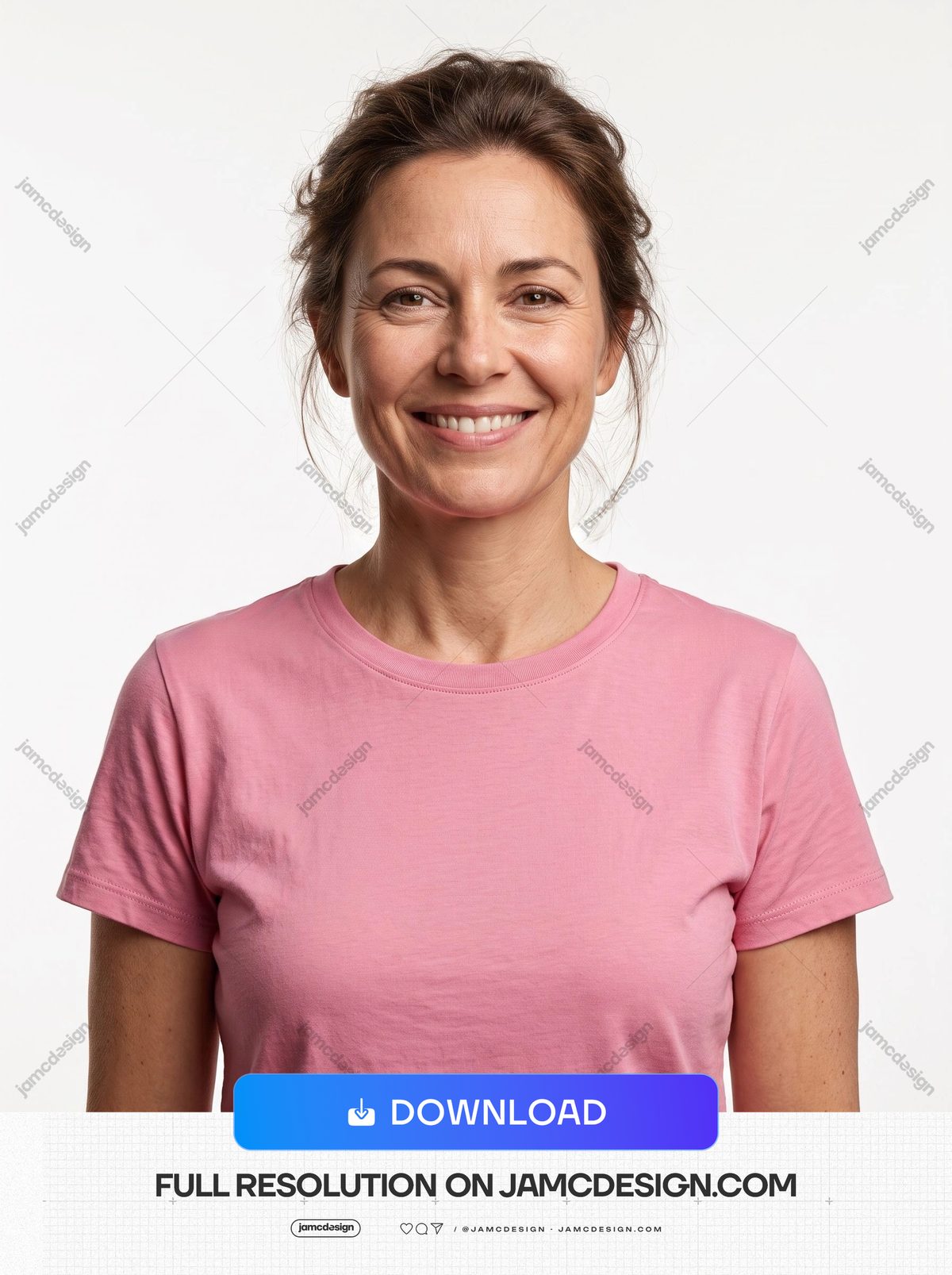 Smiling Brunette Woman In A Pink T-Shirt. This JPG photo shows a smiling brunette woman in a pink T-shirt against a plain light background, in a bright — Additional preview