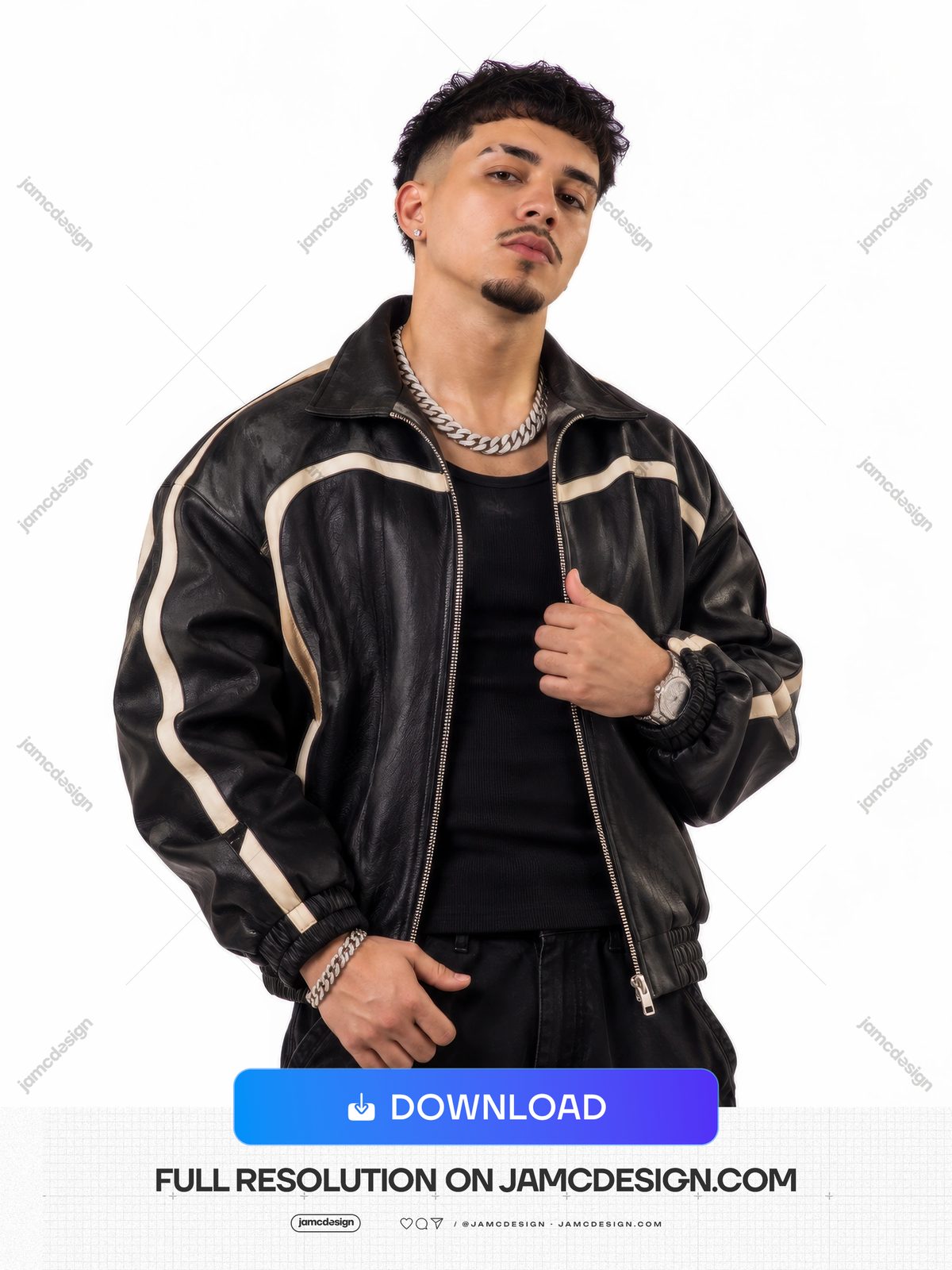 Man In Striped Leather Jacket Studio Portrait PNG. Download this PNG photo of a young man posing against a plain white studio background — Additional preview