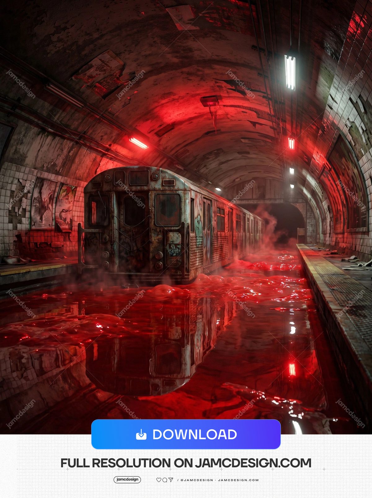 Abandoned Subway Red Flood Horror Dark Train Background. This JPG background shows an abandoned subway tunnel with a stationary train — Additional preview