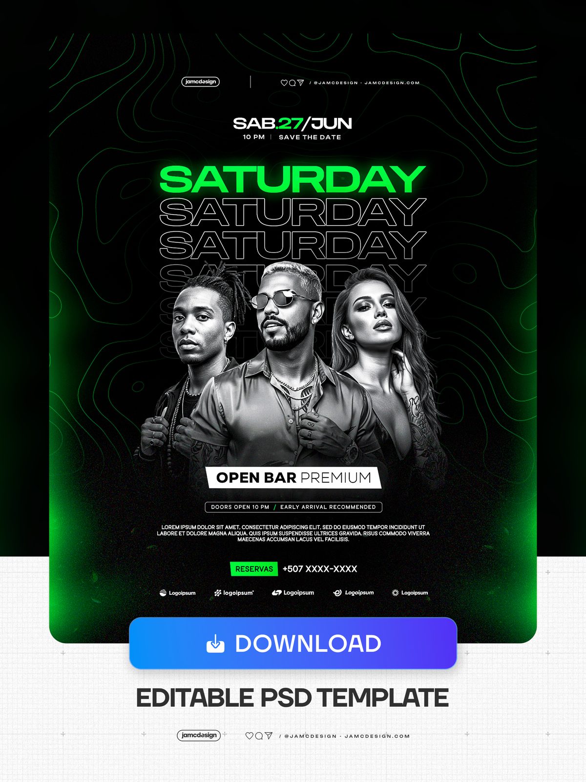 Saturday Night Flyer With Green Topographic Lines PSD. Editable PSD template for a Saturday night party flyer with a dark composition, green neon typography — Additional preview
