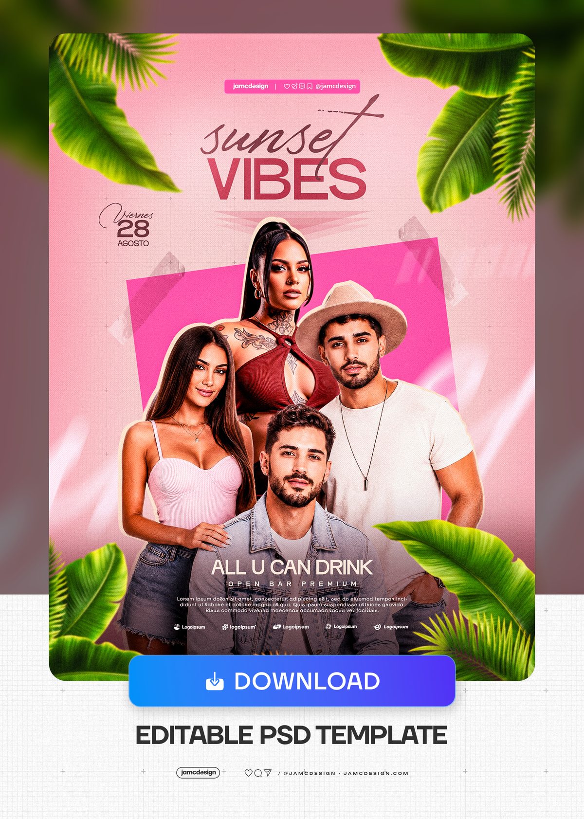 Modèle De Flyer Du Coucher De Soleil Avec Modèles En Rose Vif PSD. Flyer d’événement PSD éditable pour une soirée tropicale — Aperçu supplémentaire