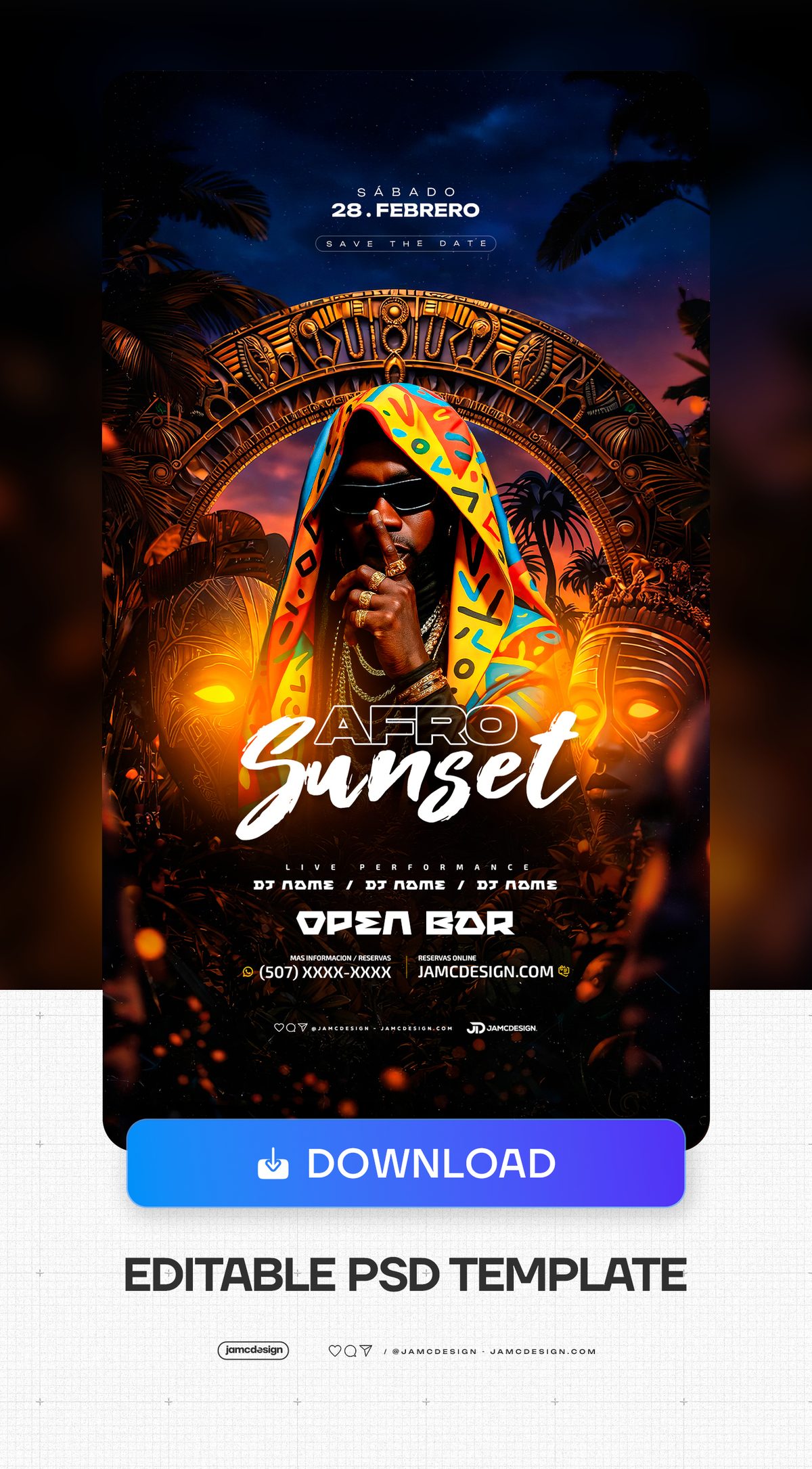 Story Afro Sunset Flyer Template PSD. Editable PSD template for an Afrobeat night flyer featuring a man in sunglasses under a colorful patterned cloth — Additional preview