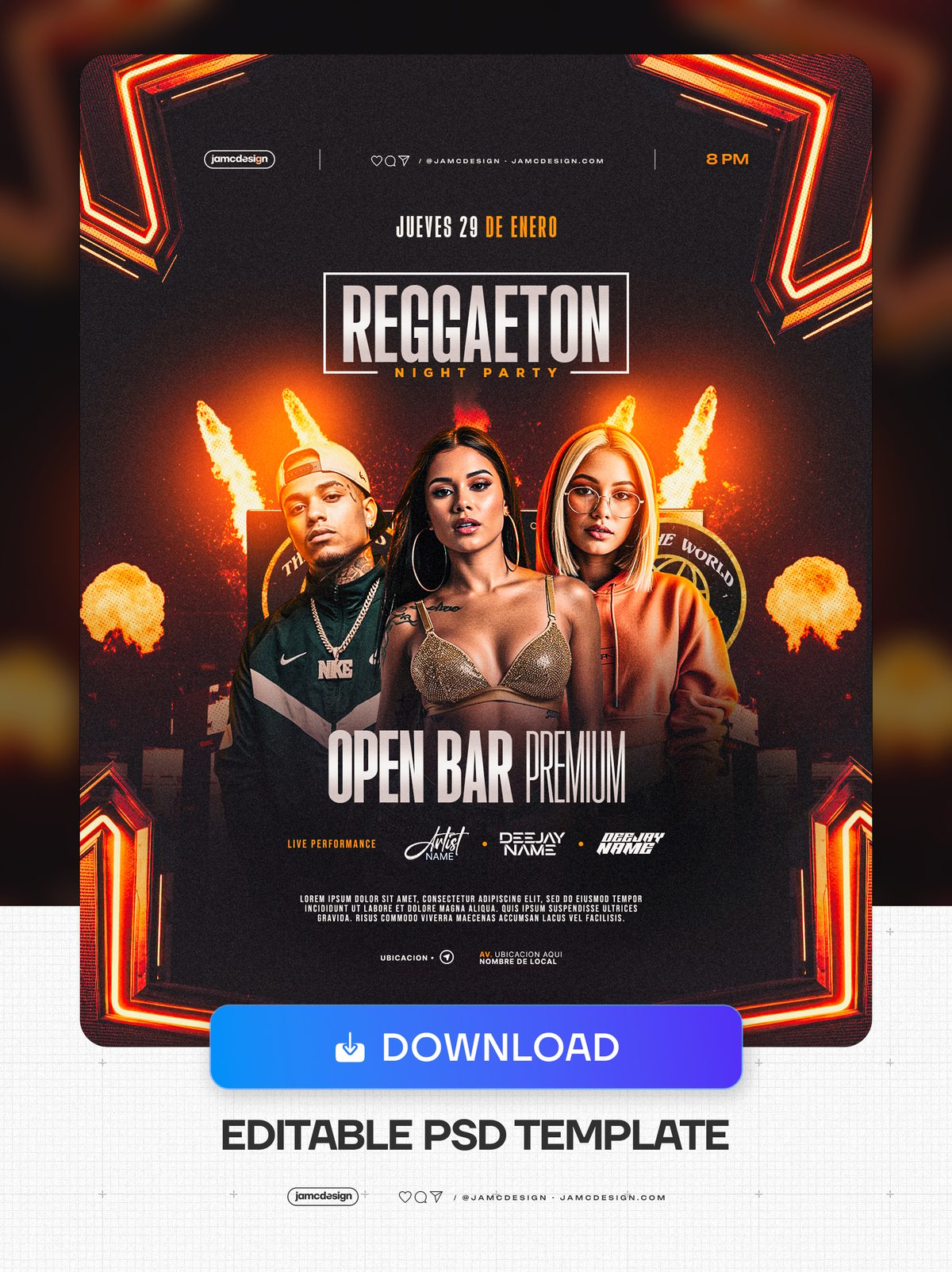 Reggaeton Night Party Flyer Template PSD Editable. Editable PSD template for a reggaeton night party flyer with a dark composition, three people in the center — Additional preview