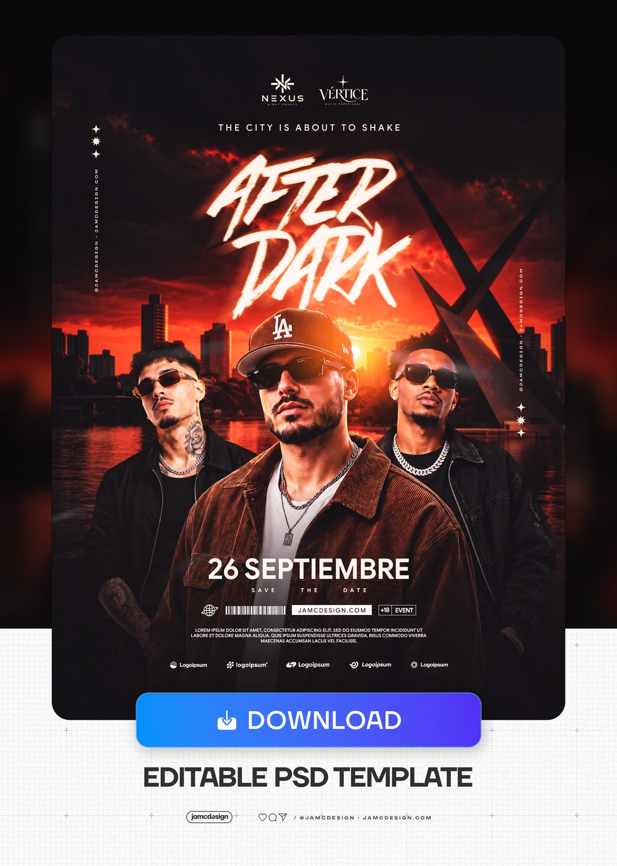 Urban Nightlife Flyer Template With City Skyline PSD. Download this editable PSD event flyer featuring three men, a city skyline at sunset — Additional preview