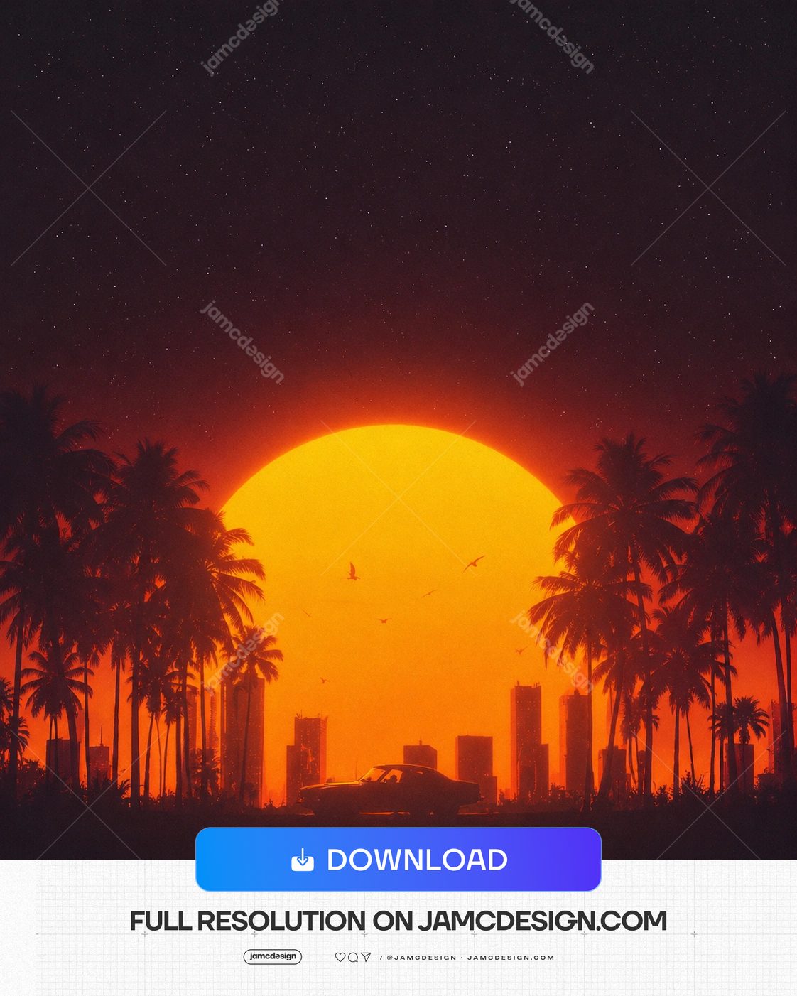 Fundo De Pôr Do Sol Com Skyline Urbano Retrô E Palmeiras. Fundo de pôr do sol com skyline urbano retrô fornecido em PNG, com um grande sol brilhante — Prévia adicional