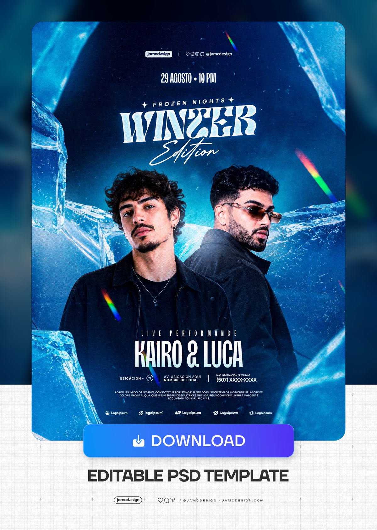 Frozen Night Winter Icy Male Portraits Flyer PSD. Editable PSD template for a winter nightlife event flyer — Additional preview