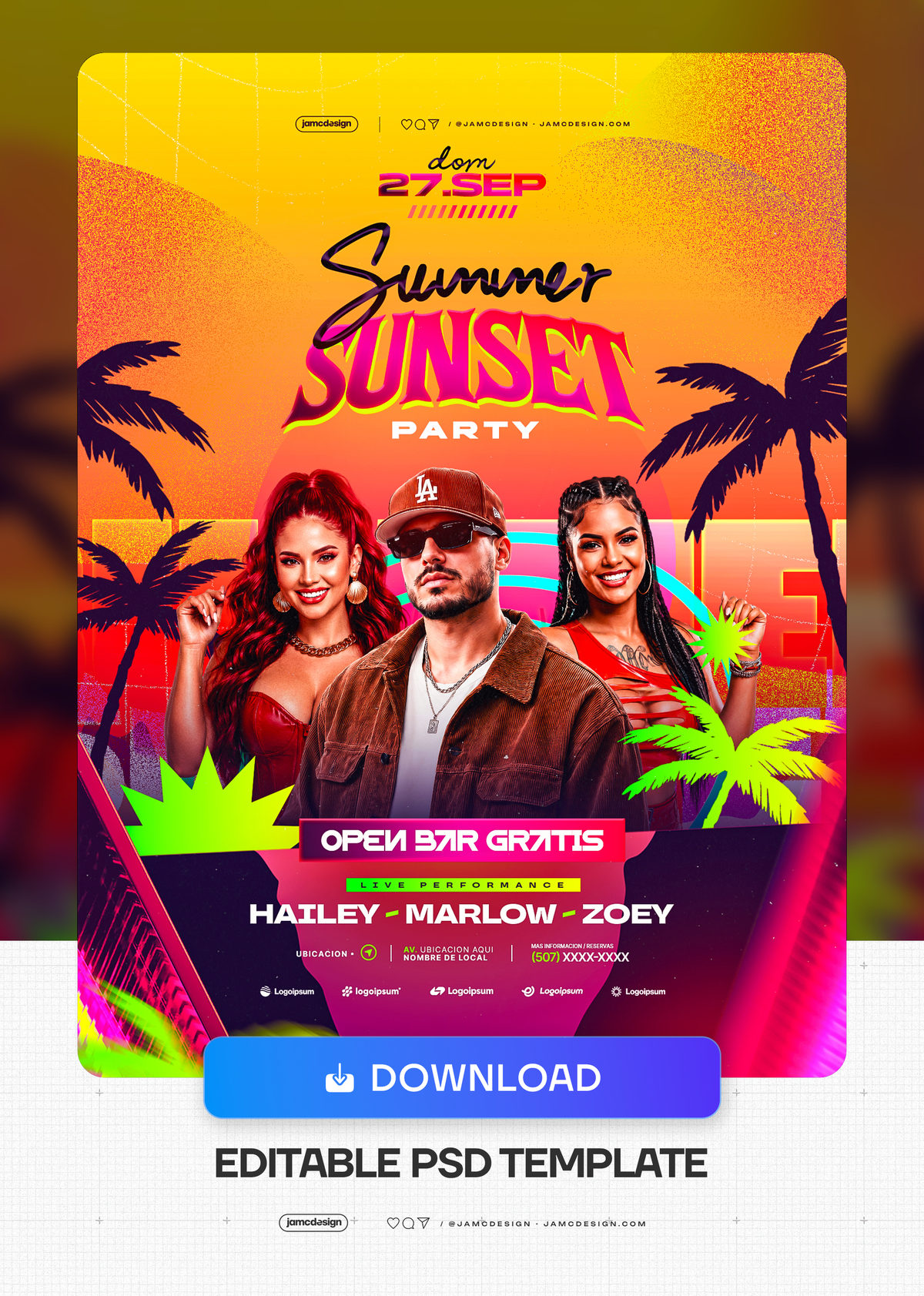 Tropical Palm Summer Party Flyer PSD. Editable PSD event flyer for a vivid summer sunset party, featuring tropical palm silhouettes — Additional preview