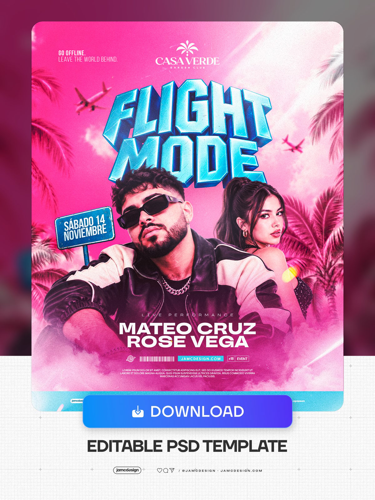 Flight Mode Pink Event Flyer Template PSD. This PSD event flyer pairs two figures with bold dimensional lettering — Additional preview