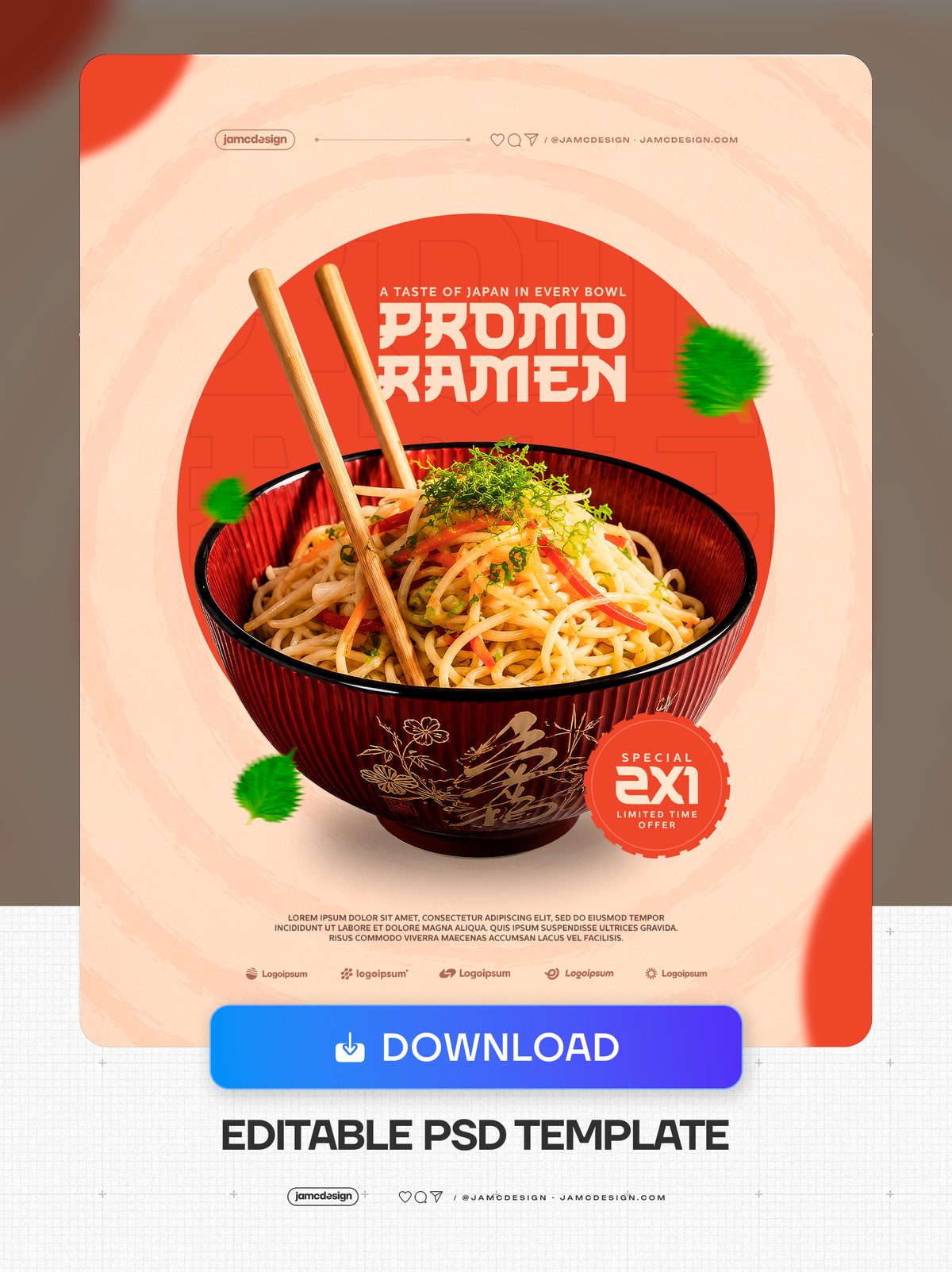 Plantilla De Flyer Promo Ramen PSD Editable. Plantilla de flyer PSD editable para una promoción de ramen, con un estilo en tonos cálidos de melocotón y rojo — Vista previa adicional