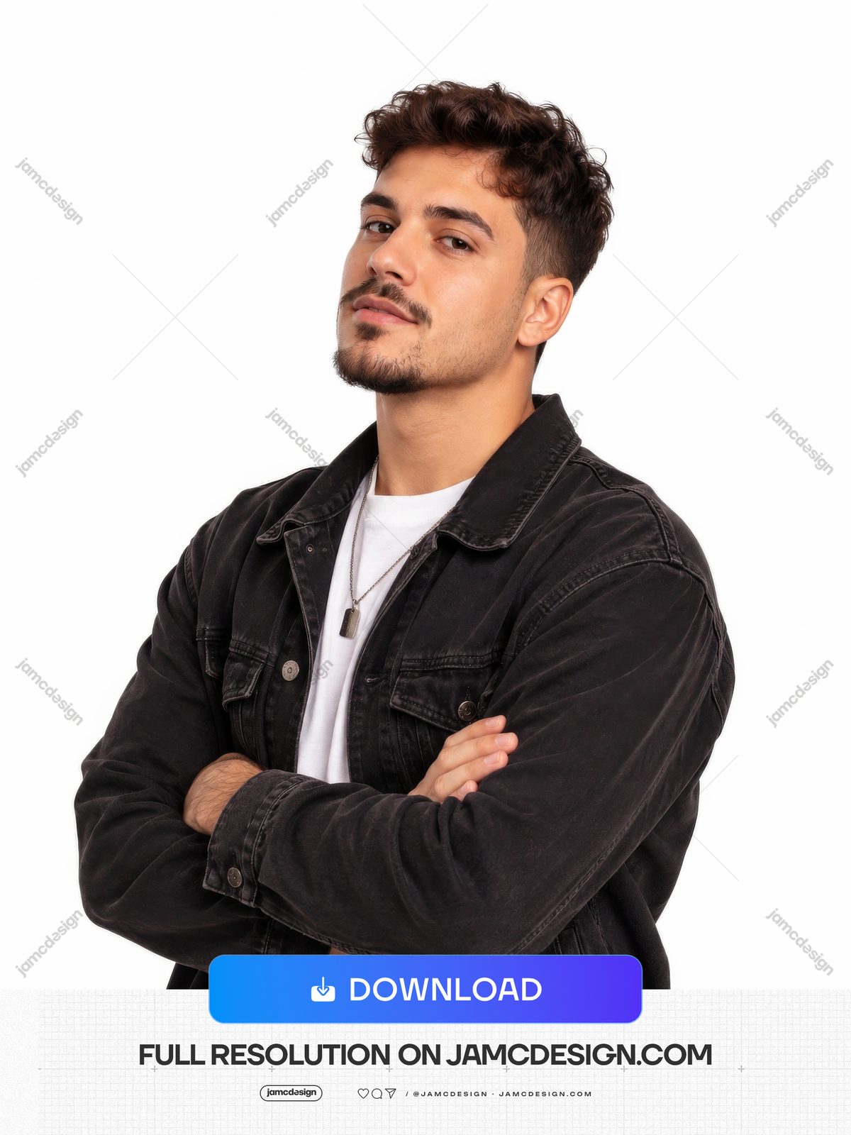 Young Man In Black Jacket Studio Portrait PNG. This PNG photo shows a young man in a black jacket posing with folded arms against a clean white studio — Additional preview