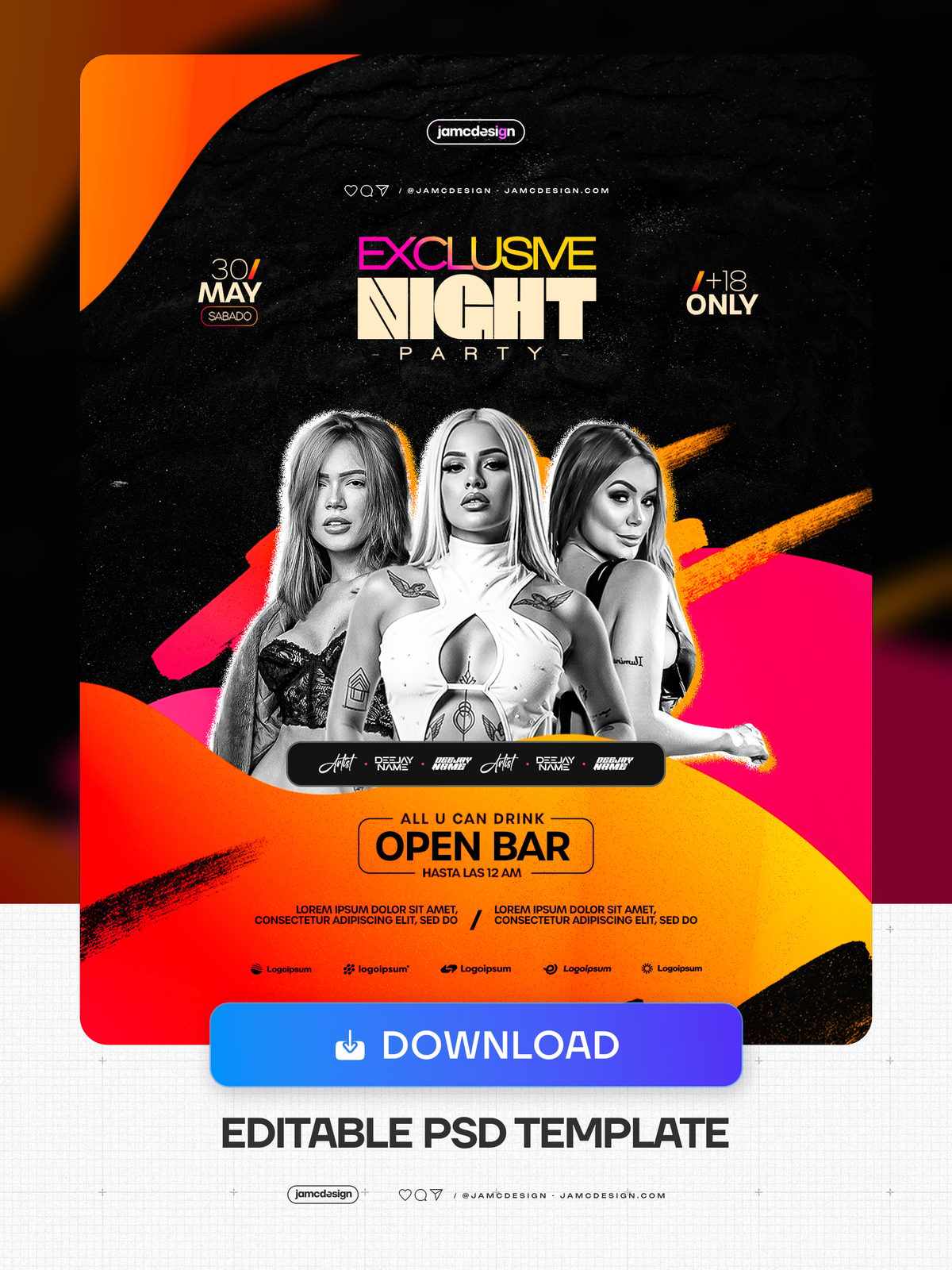 Exclusive Night Party Flyer Template PSD Editable. Editable PSD template for a Saturday night party flyer with three women in monochrome over a dark background — Additional preview