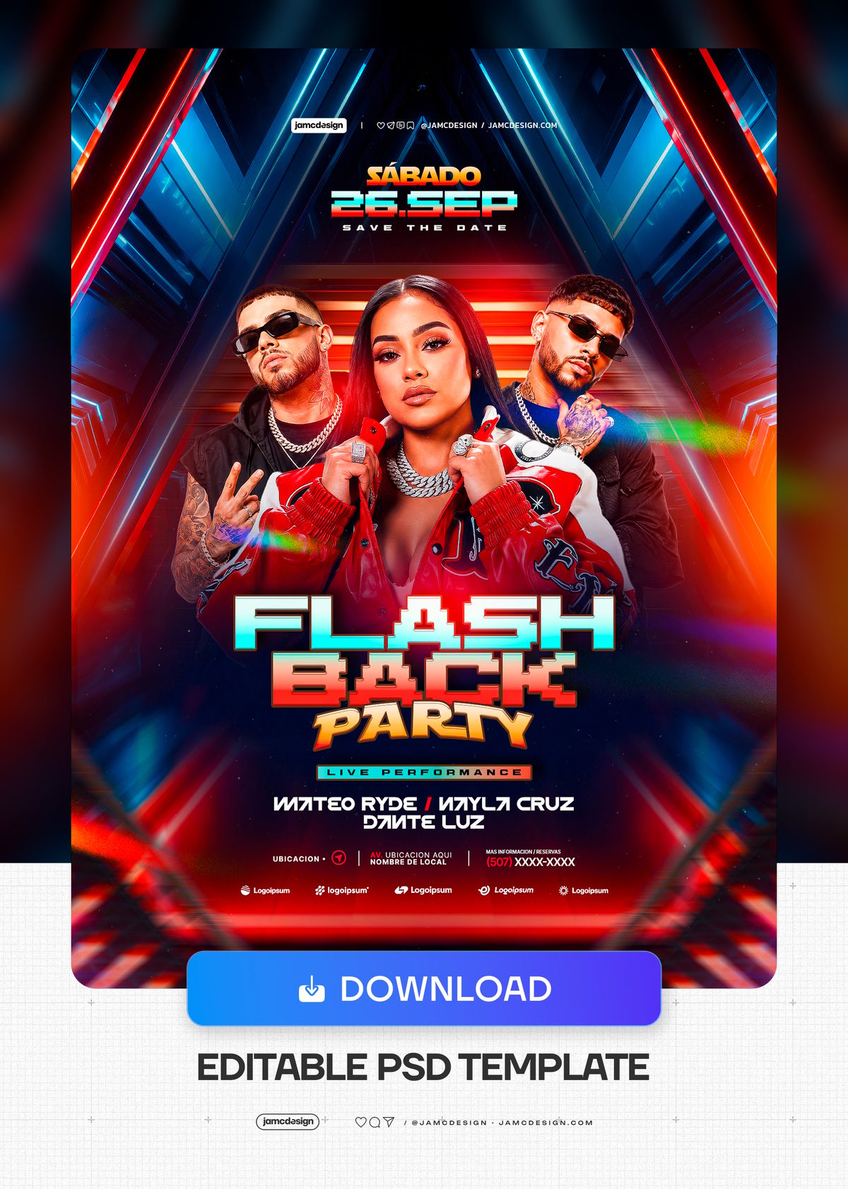 FlashBack Party Neon Performers Flyer PSD. Editable PSD event flyer template for a FlashBack party — Additional preview
