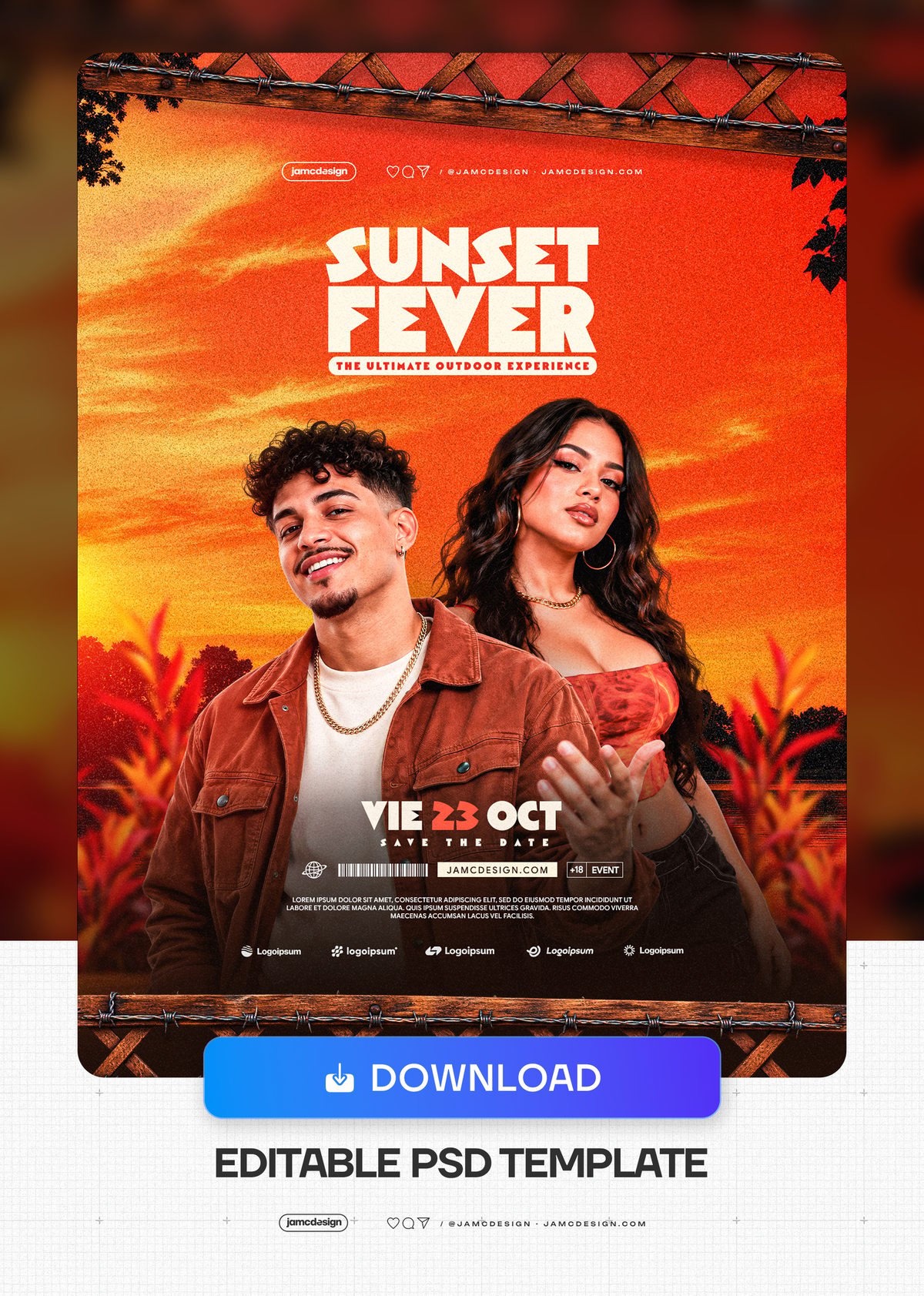 Orange Sunset Party Flyer Template PSD. This PSD event flyer pairs two fashion models with a vivid orange sunset — Additional preview
