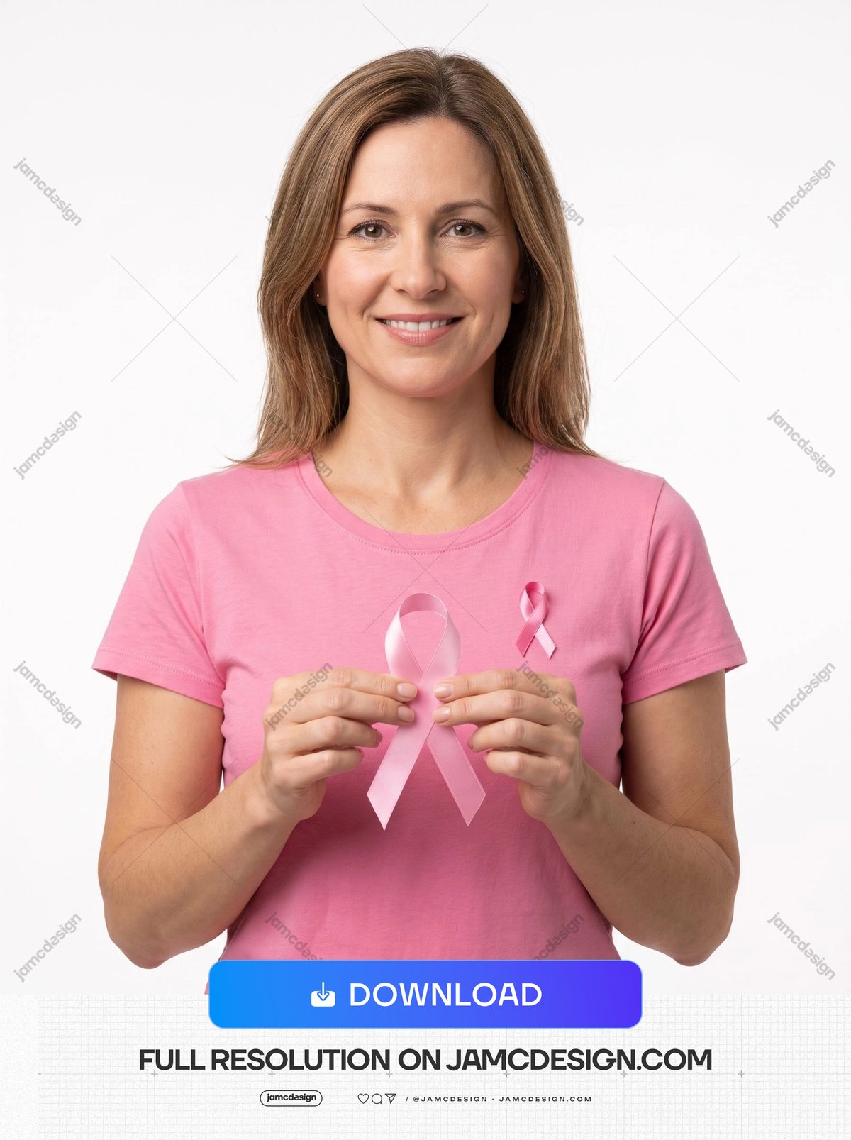 Smiling Woman In A Pink Shirt Holding An Awareness Ribbon Photo. Download this JPG photo of a smiling woman in a pink shirt holding a pink awareness ribbon — Additional preview