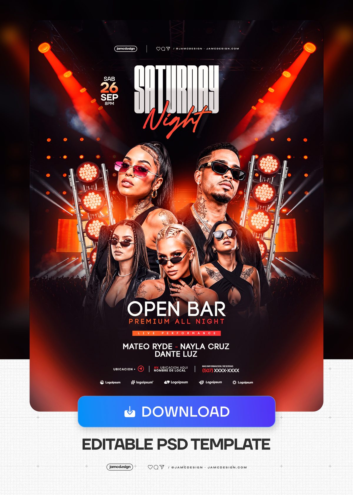 Saturday Night Open Bar Event Flyer PSD. Download this editable PSD event flyer template for a Saturday night, featuring five fashion styled people — Additional preview
