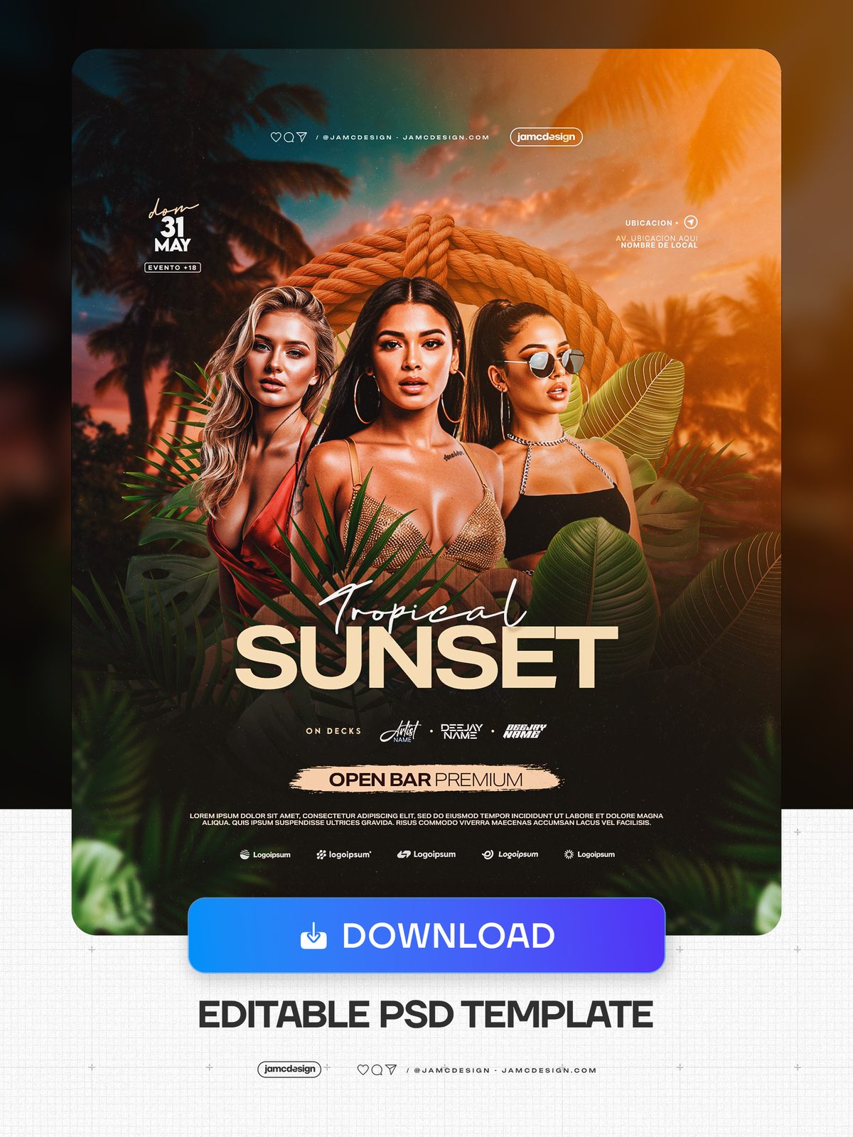 Tropical Sunset Party Flyer PSD Template. Editable PSD template for a tropical sunset party flyer with three styled women, palm and monstera leaves — Additional preview